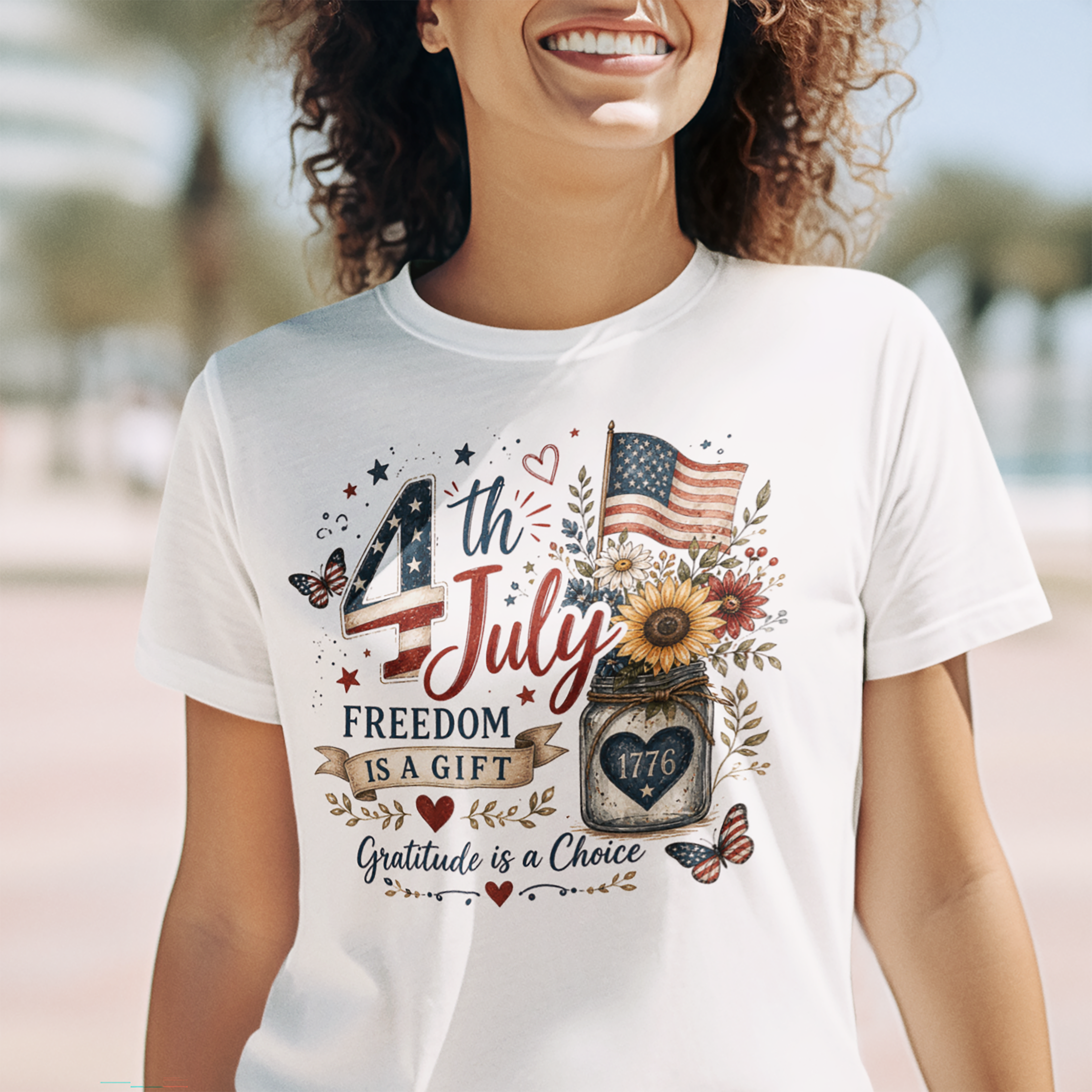 4th of July T-Shirt — "Freedom Is A Gift" Patriotic American Flag & Sunflower Tee