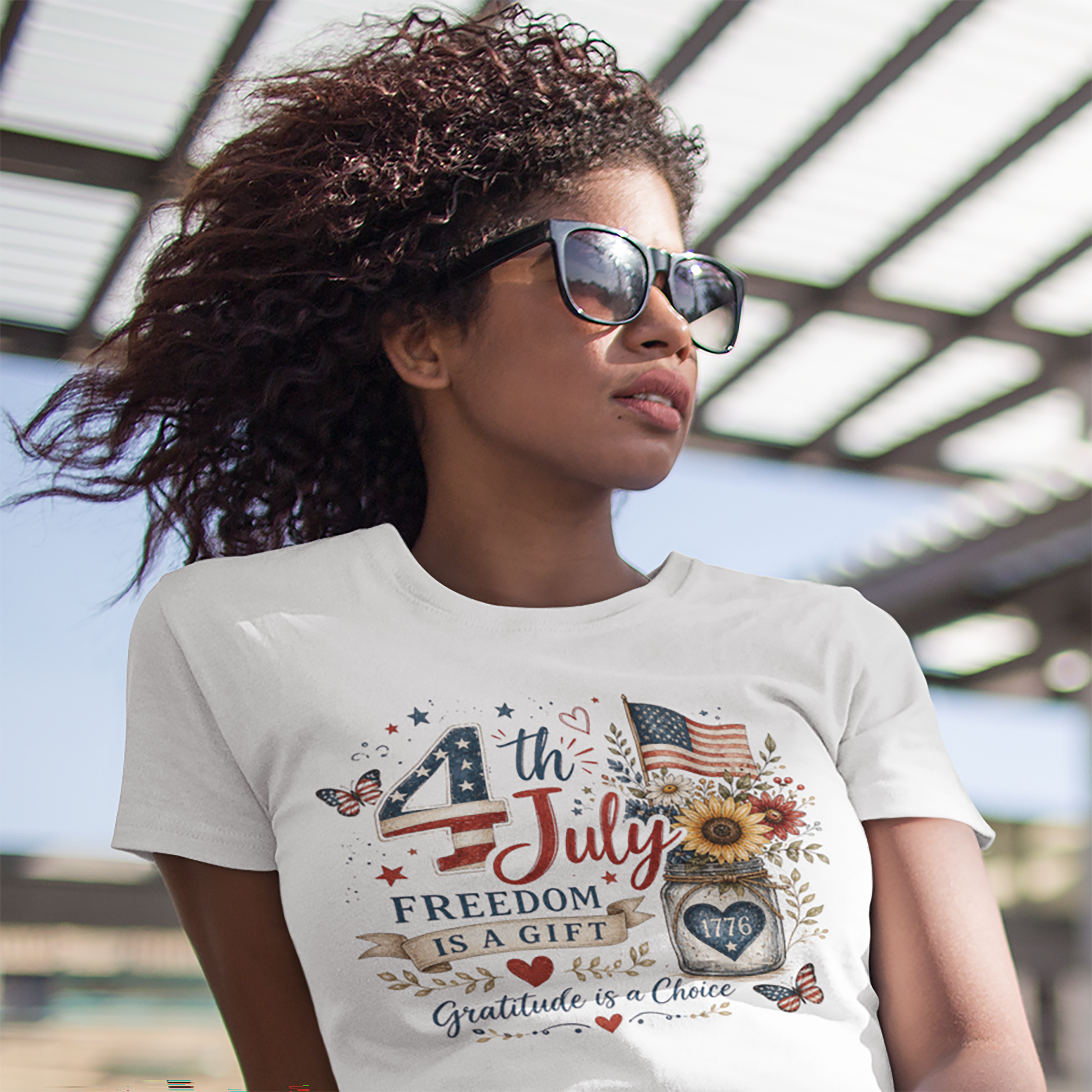 4th of July T-Shirt — "Freedom Is A Gift" Patriotic American Flag & Sunflower Tee