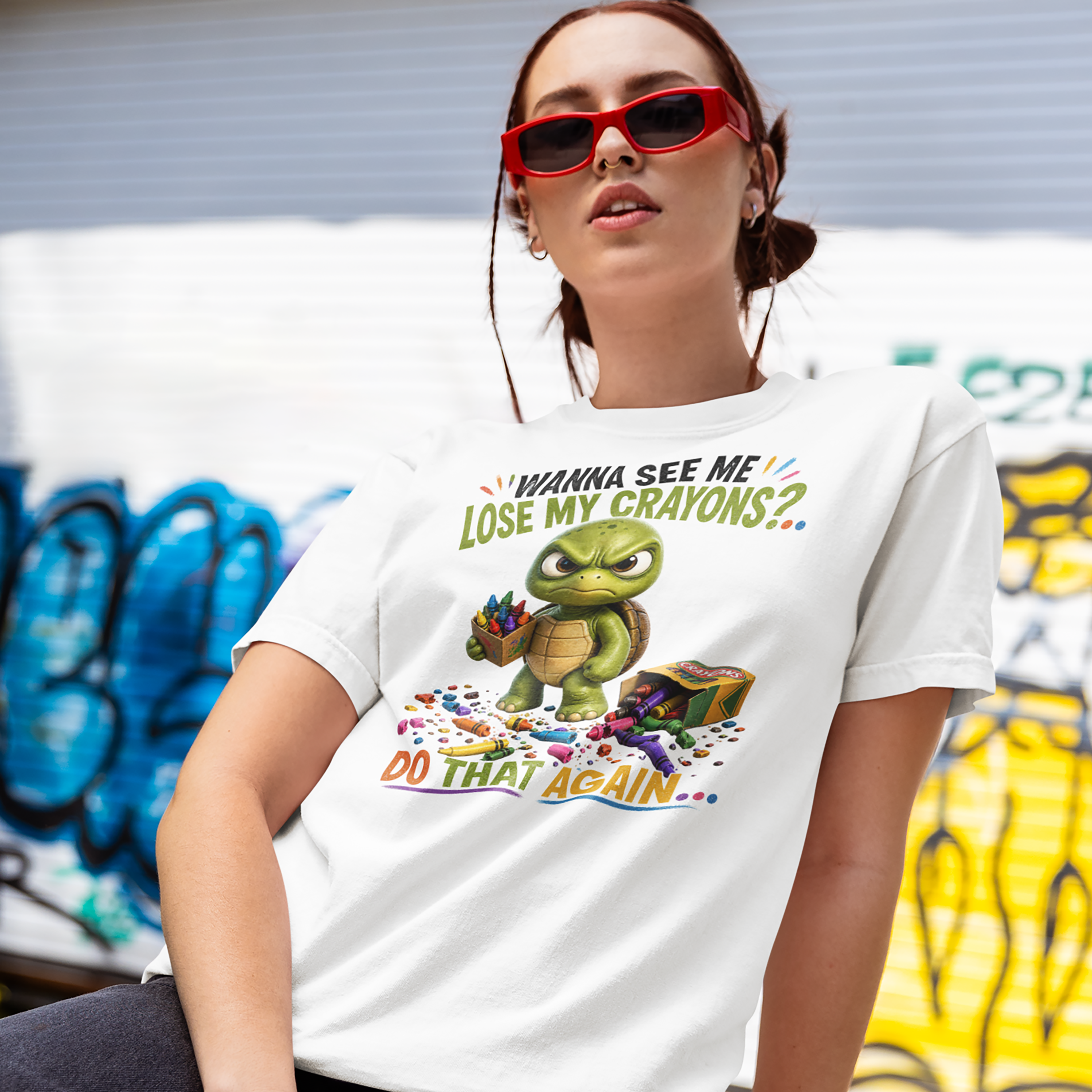 Funny Angry Turtle T-Shirt — “Wanna See Me Lose My Crayons? Do That Again…” — Teacher & Art Lover Tee