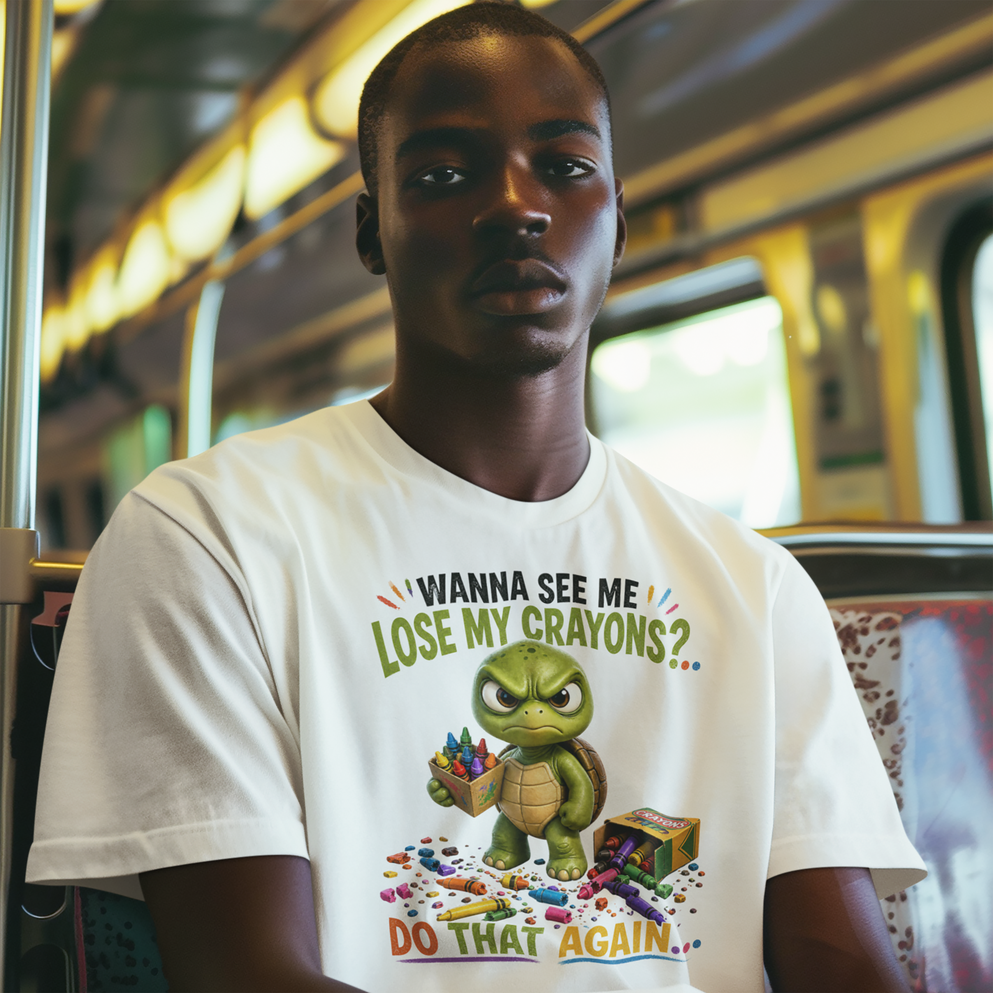 Funny Angry Turtle T-Shirt — “Wanna See Me Lose My Crayons? Do That Again…” — Teacher & Art Lover Tee