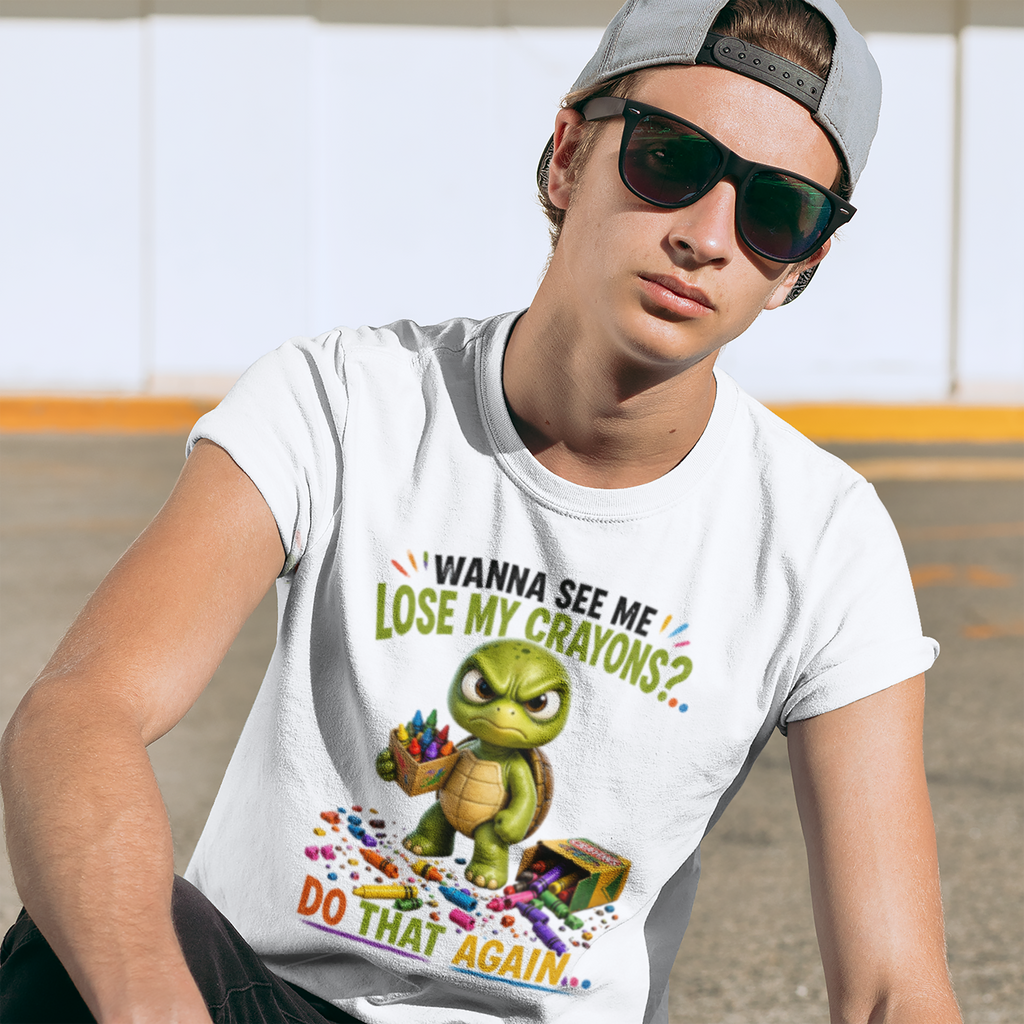 Funny Angry Turtle T-Shirt — “Wanna See Me Lose My Crayons? Do That Again…” — Teacher & Art Lover Tee