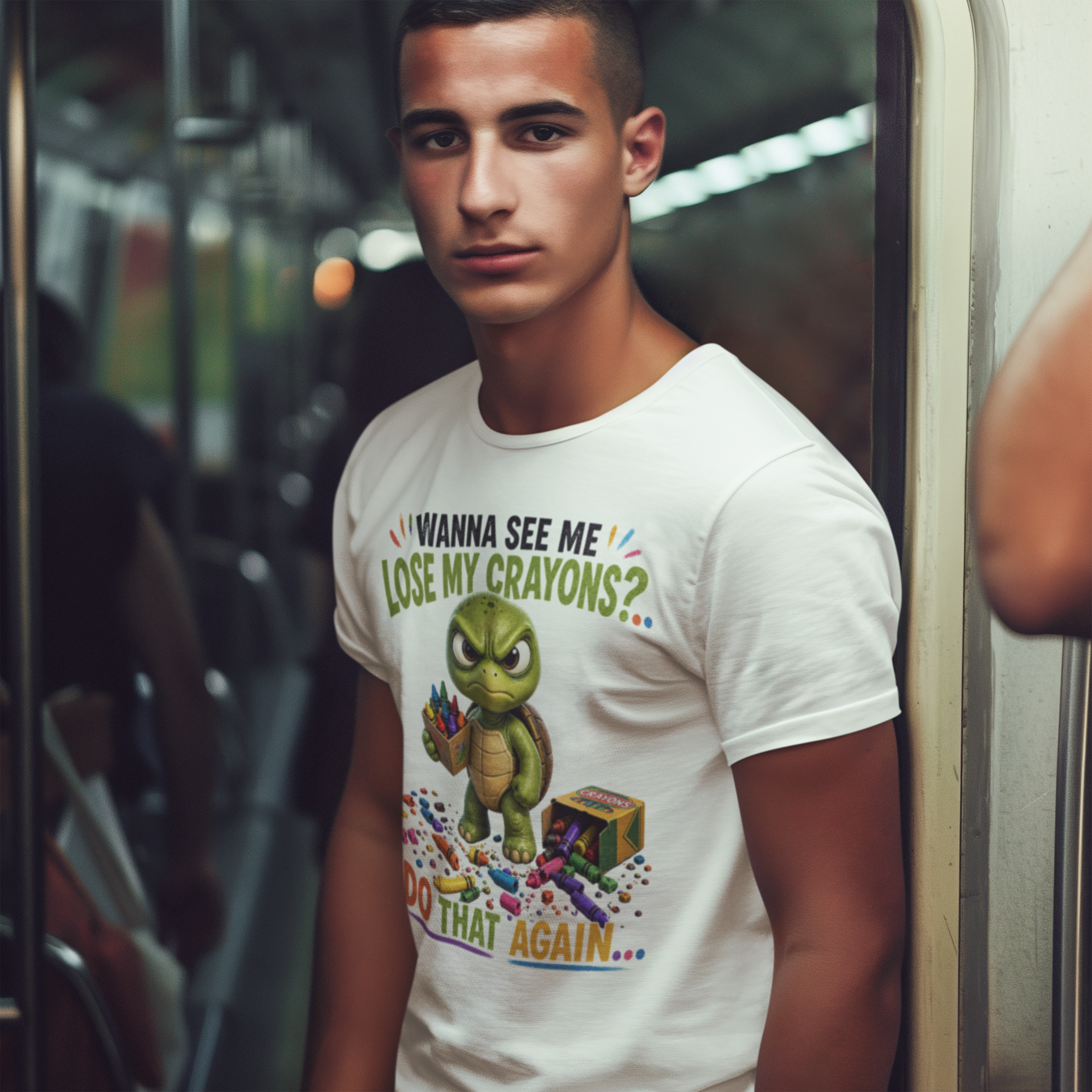 Funny Angry Turtle T-Shirt — “Wanna See Me Lose My Crayons? Do That Again…” — Teacher & Art Lover Tee