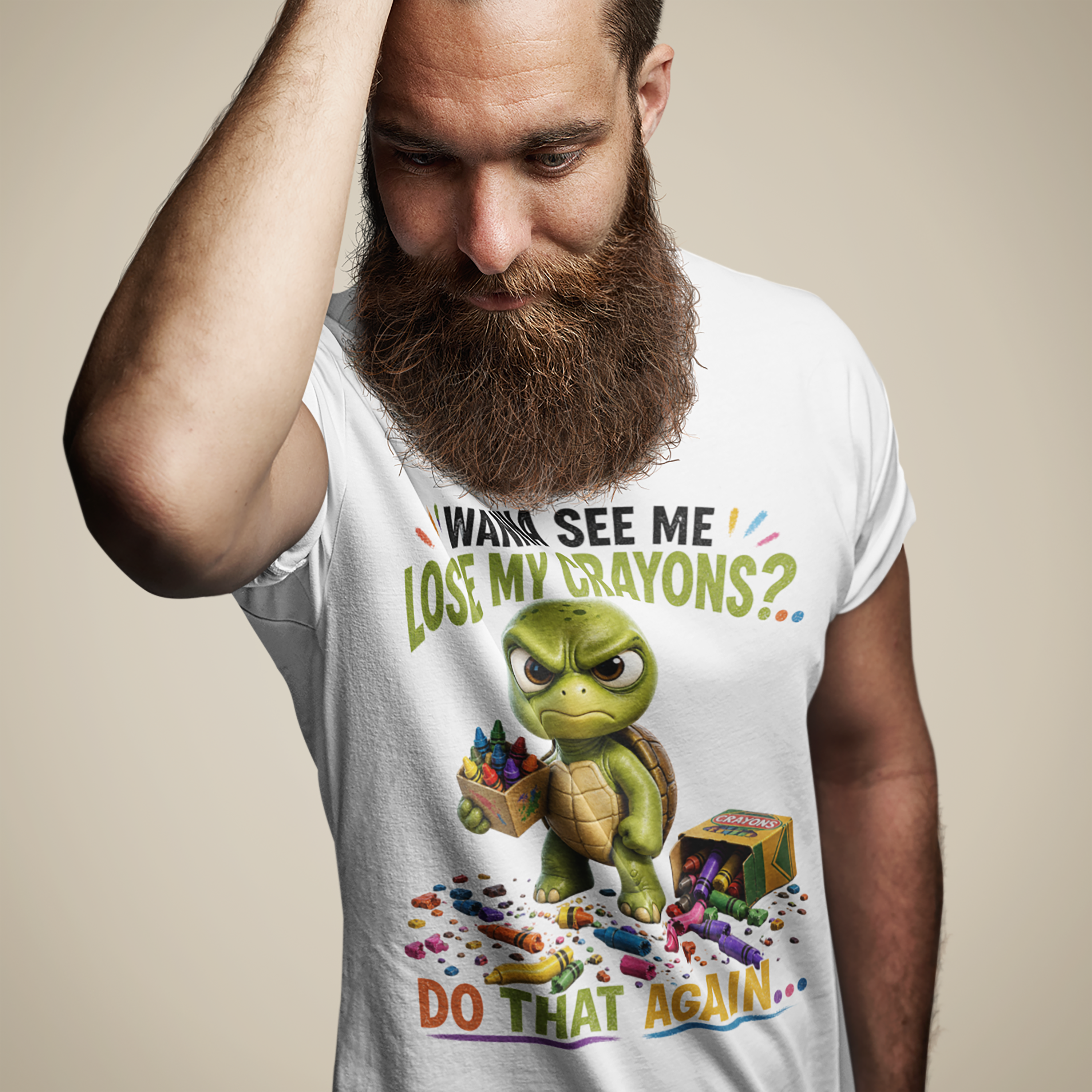 Funny Angry Turtle T-Shirt — “Wanna See Me Lose My Crayons? Do That Again…” — Teacher & Art Lover Tee