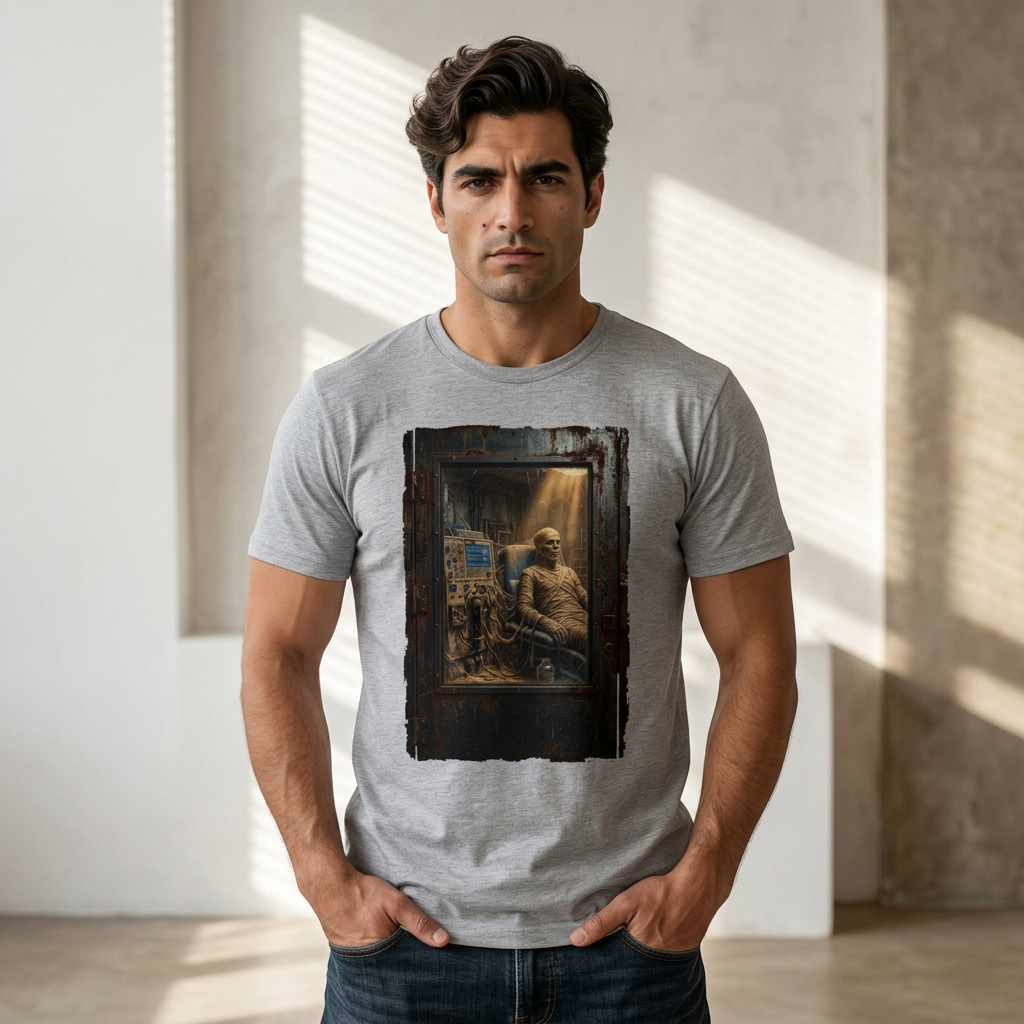 Horror Mummy Room Graphic T‑Shirt — Vintage Creepy Museum Scene Tee