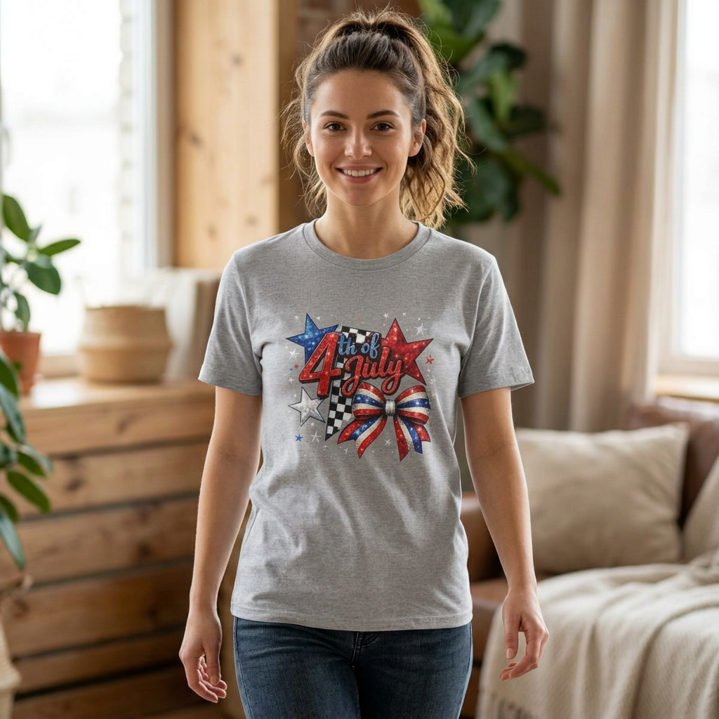 4th of July Patriotic T-Shirt – Red White Blue Stars & Bow Design