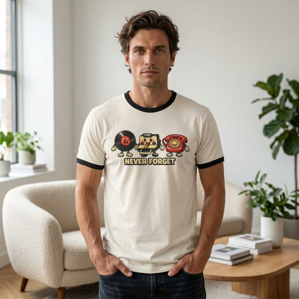 Retro Tech Ringer Tee — "Never Forget" Vinyl, Floppy Disk & Rotary Phone Graphic