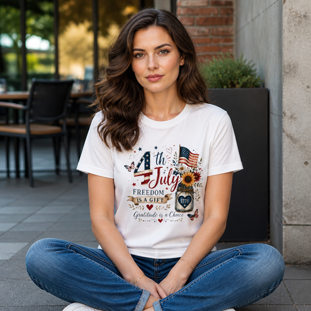 4th of July T-Shirt — "Freedom Is A Gift" Patriotic American Flag & Sunflower Tee