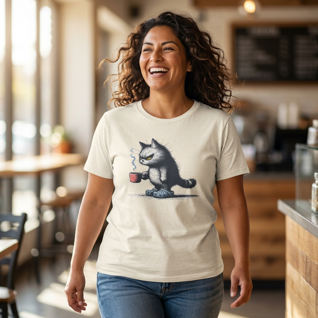 Cat Coffee T-Shirt — Grumpy Cat Holding Mug Illustration