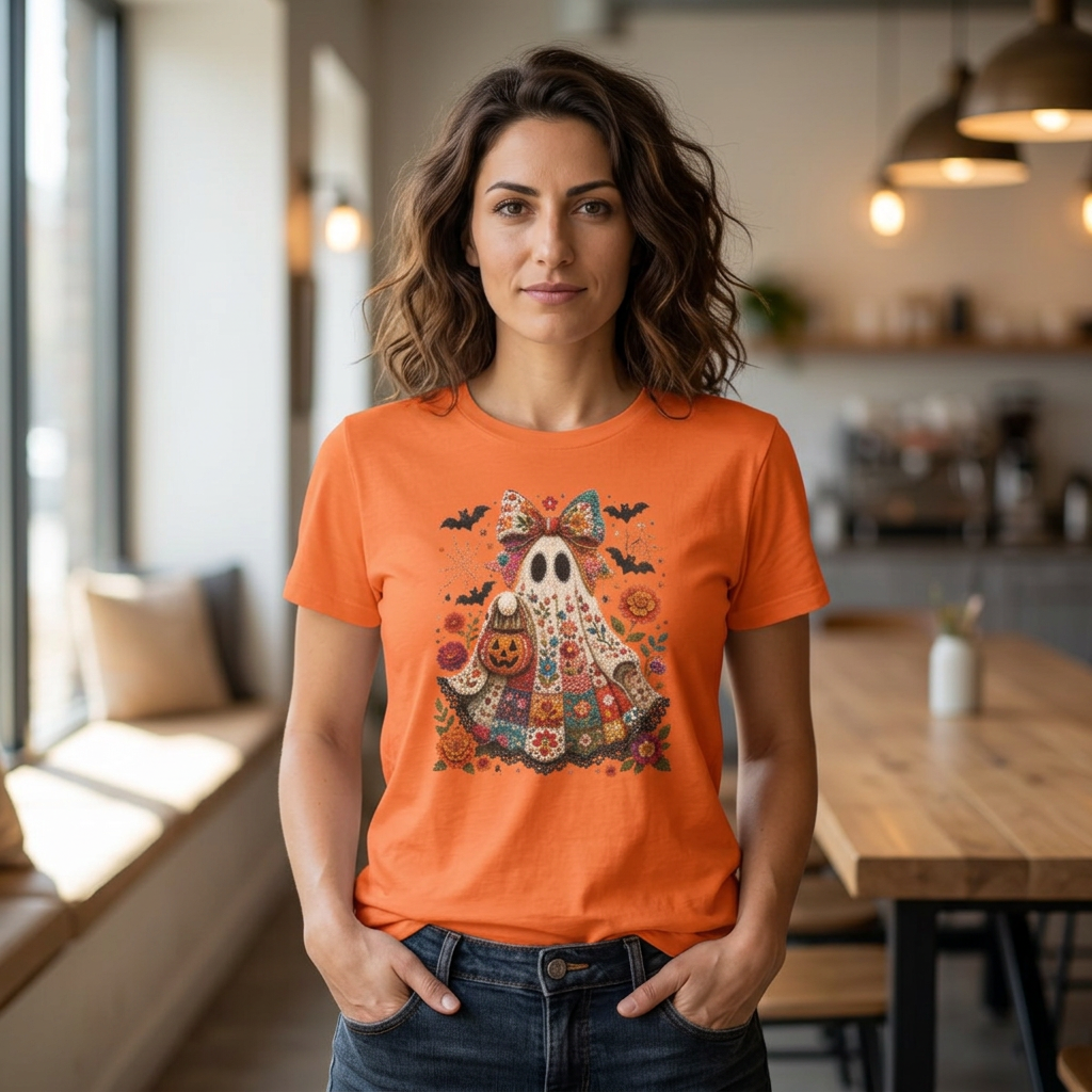 Patchwork Floral Ghost Halloween Shirt | Quilted Boho Ghost with Pumpkin and Bats