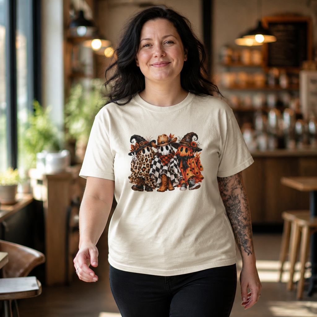 Halloween Pumpkin Crew T-Shirt — Leopard & Buffalo Plaid Spooky Friends