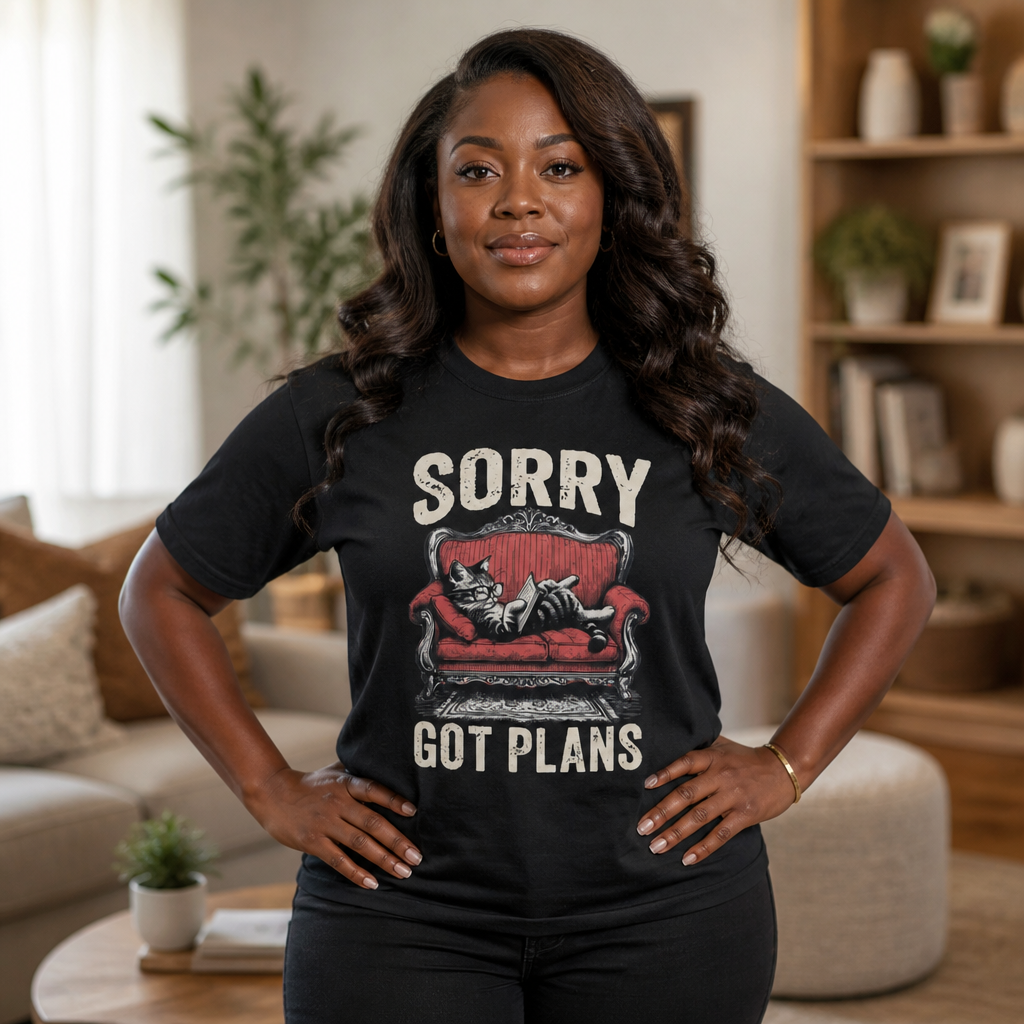 Sorry, Got Plans T‑Shirt — Cat on Couch Funny Lazy Day Tee