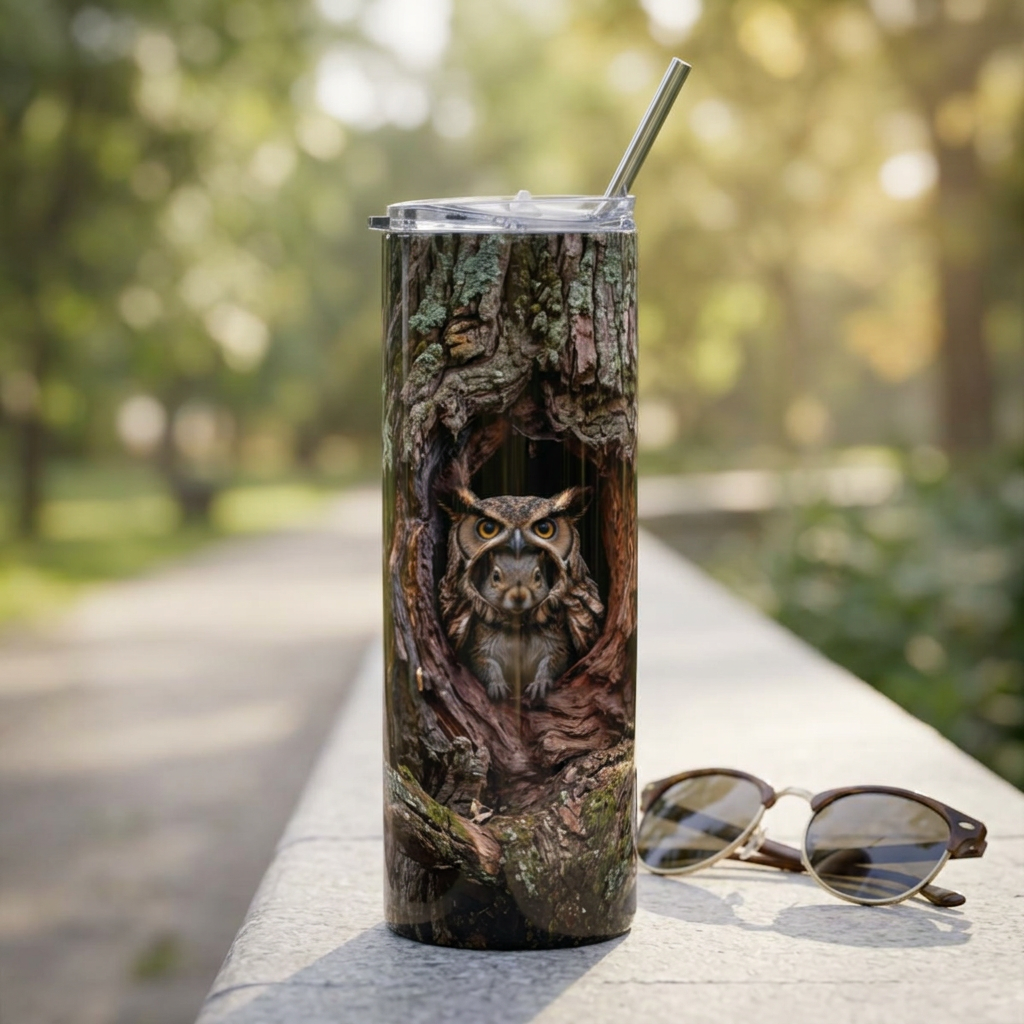 20oz Owl-in-Tree Stainless Steel Tumbler — Insulated Wildlife Travel Cup