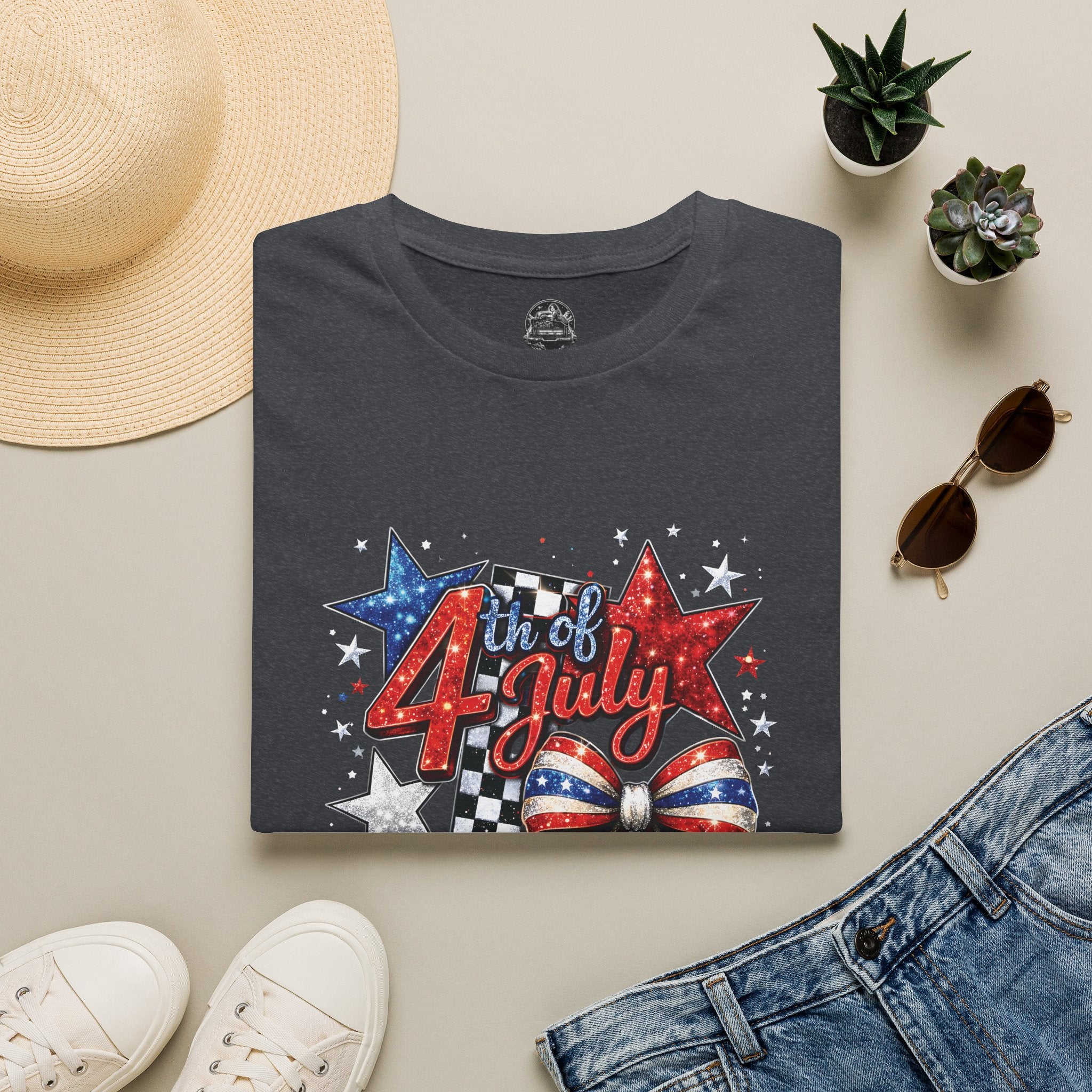 4th of July Patriotic T-Shirt – Red White Blue Stars & Bow Design