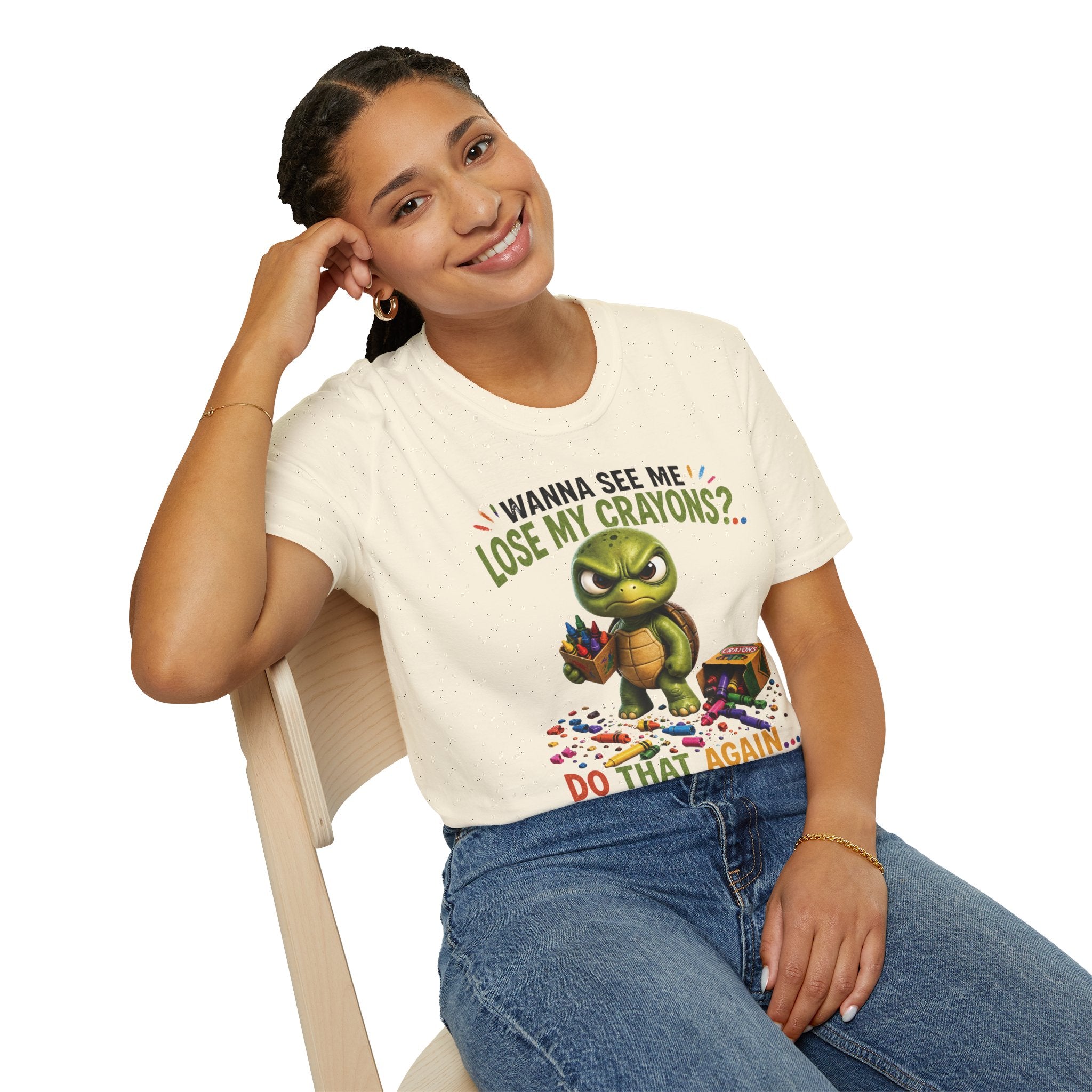 Funny Angry Turtle T-Shirt — “Wanna See Me Lose My Crayons? Do That Again…” — Teacher & Art Lover Tee