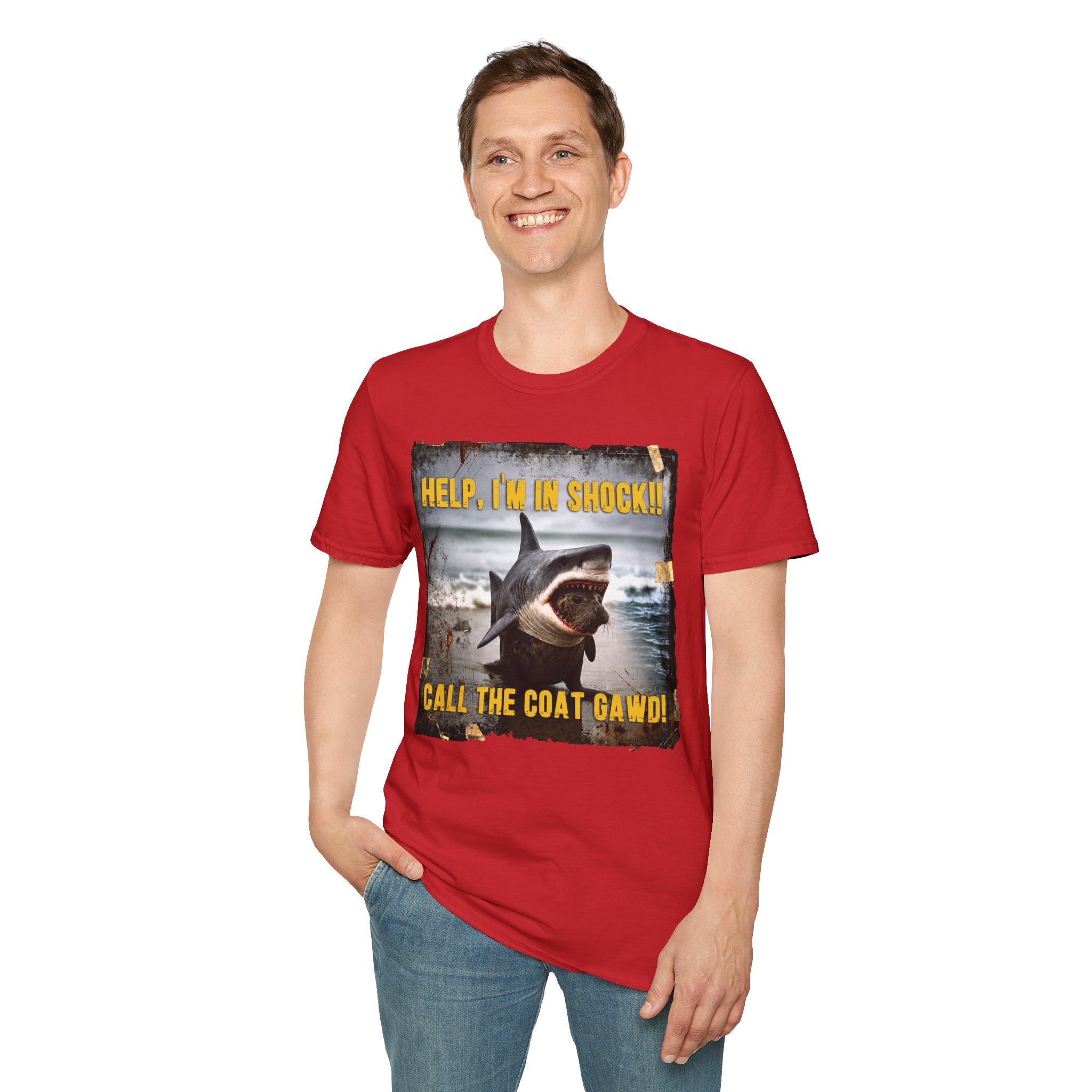 Shark Graphic T-Shirt — "Help, I'm in Shock!" Funny Beachwear