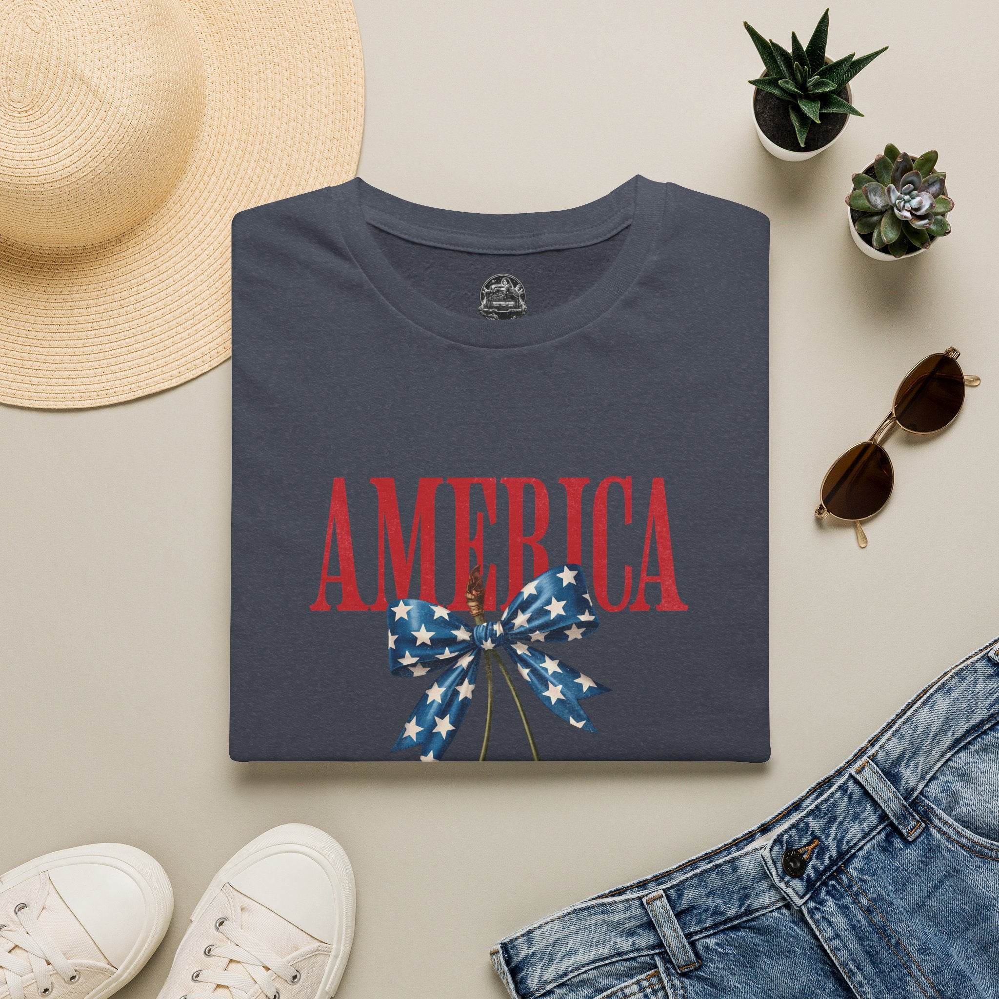 America Cherry Graphic T‑Shirt — Patriotic Stars & Stripes Bow Tee