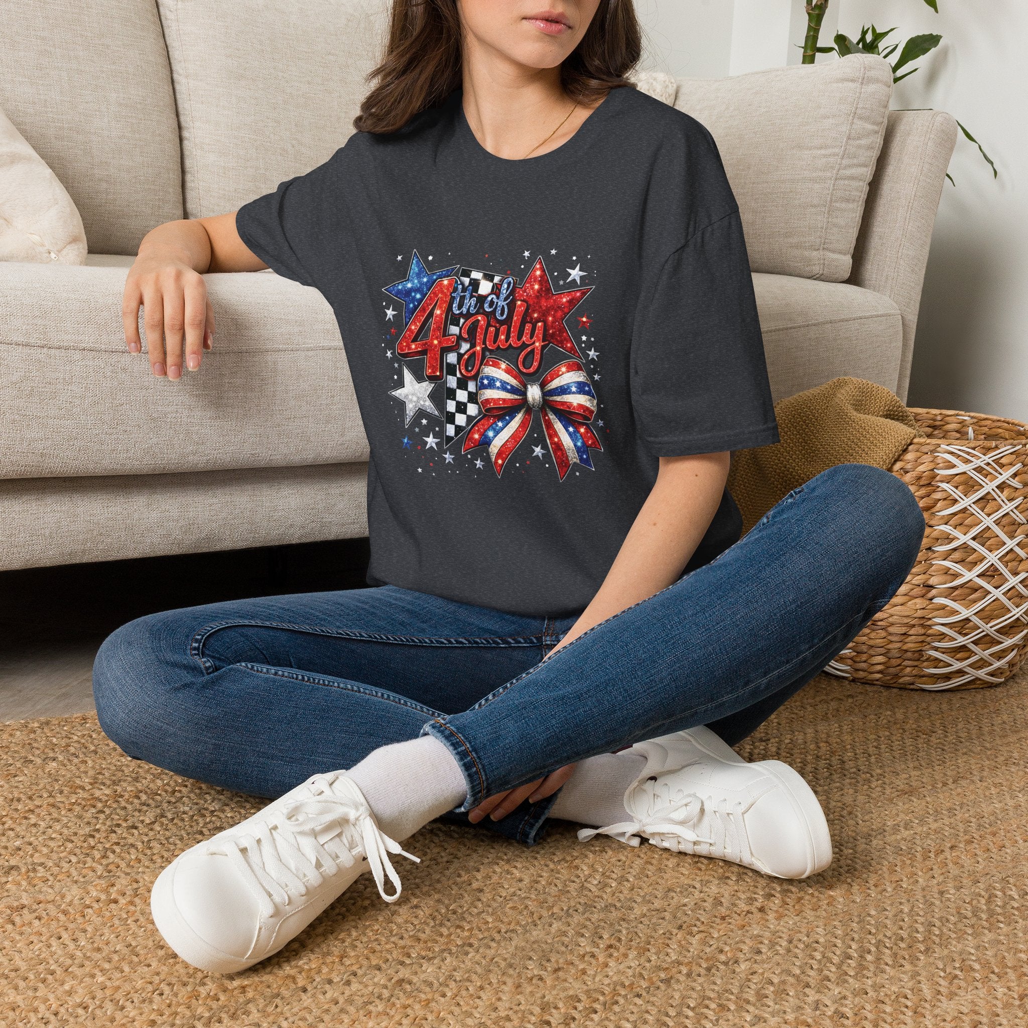 4th of July Patriotic T-Shirt – Red White Blue Stars & Bow Design