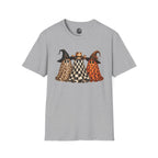 Halloween Ghost Trio T-Shirt — Leopard, Checker & Pumpkin Hat Design