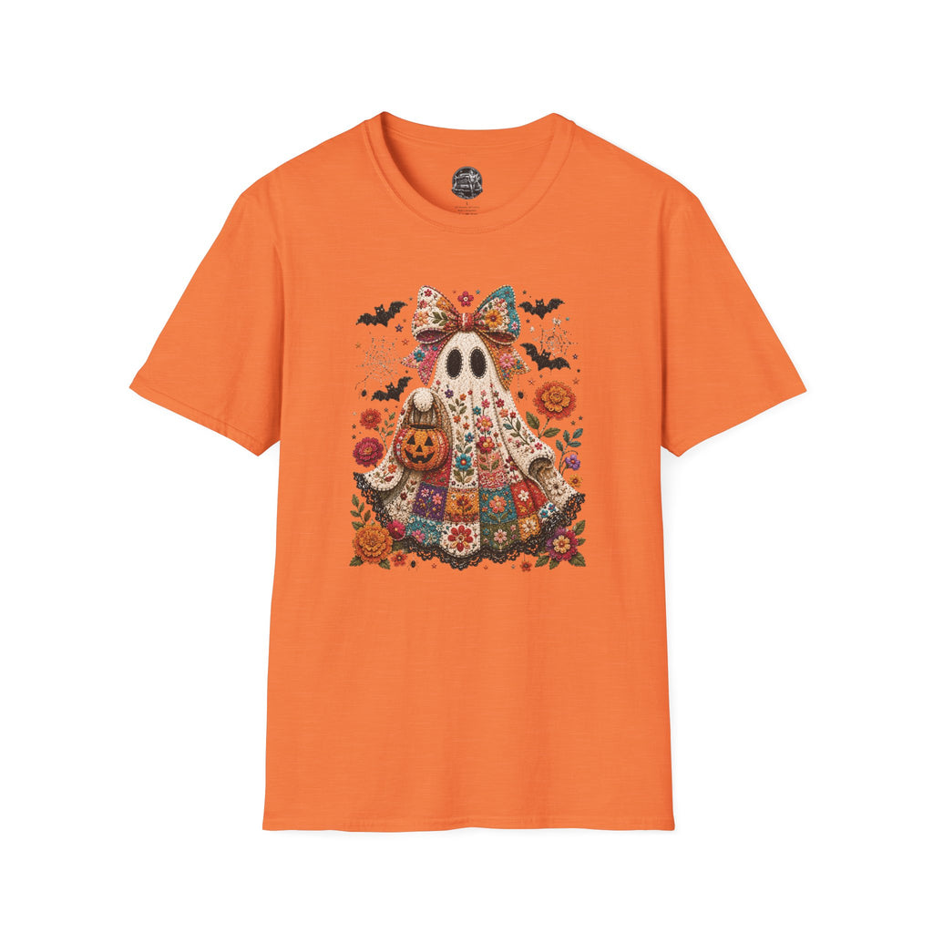 Patchwork Floral Ghost Halloween Shirt | Quilted Boho Ghost with Pumpkin and Bats