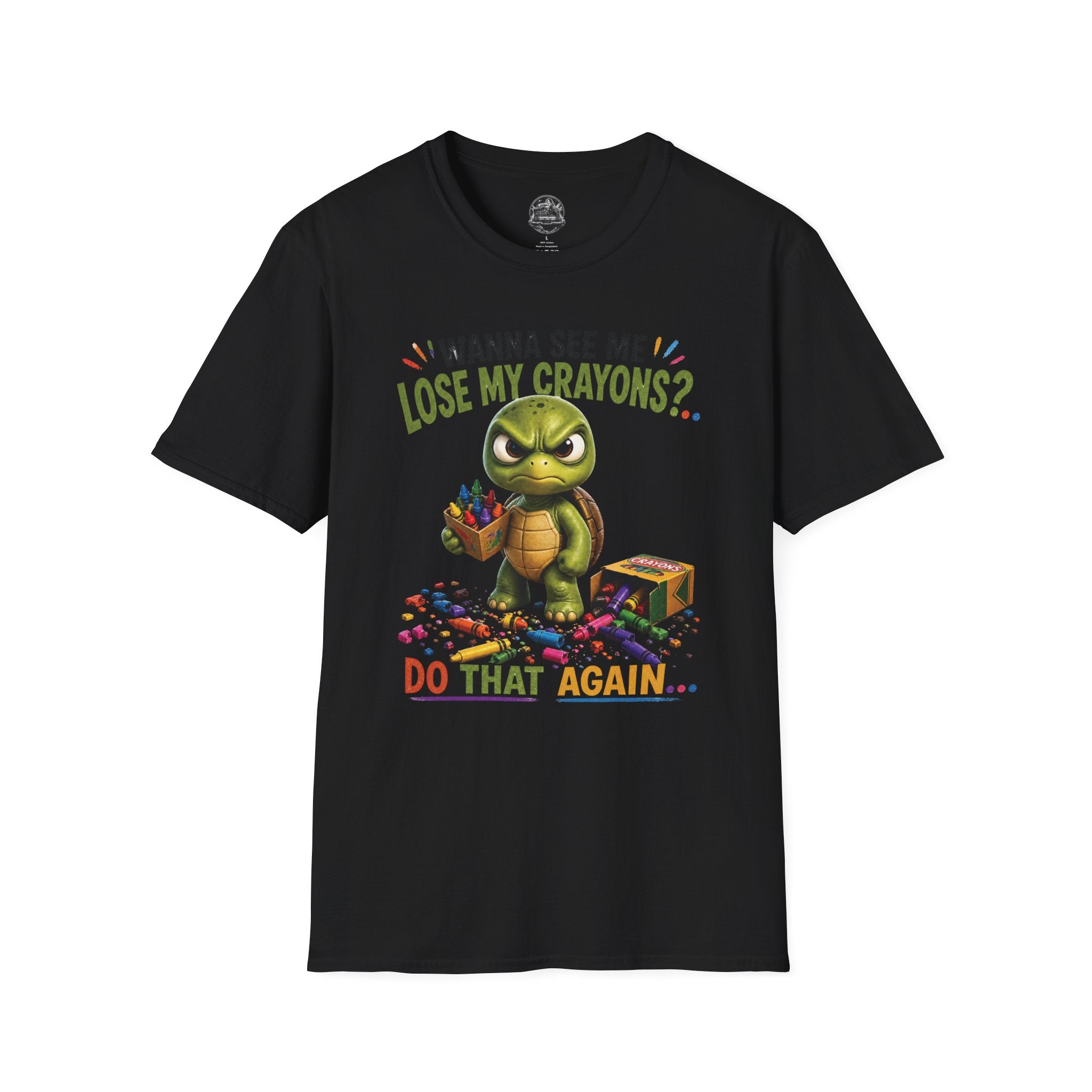 Funny Angry Turtle T-Shirt — “Wanna See Me Lose My Crayons? Do That Again…” — Teacher & Art Lover Tee
