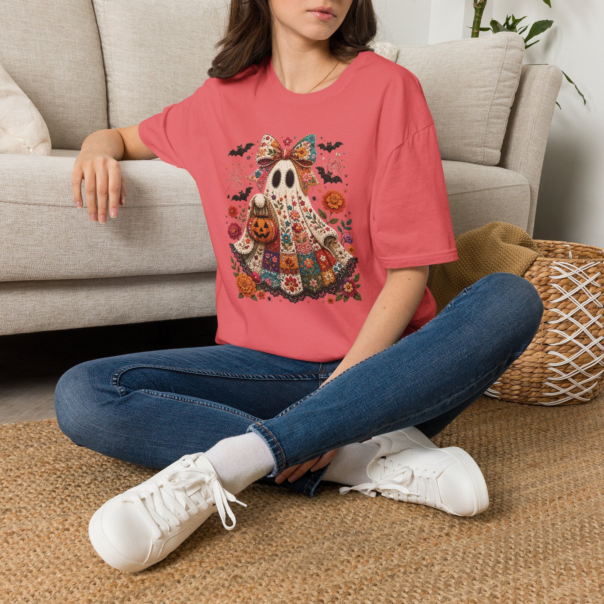 Patchwork Floral Ghost Halloween Shirt | Quilted Boho Ghost with Pumpkin and Bats
