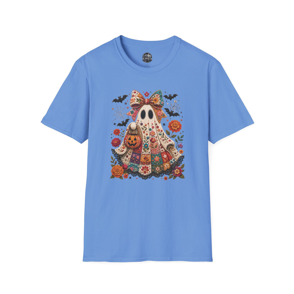 Patchwork Floral Ghost Halloween Shirt | Quilted Boho Ghost with Pumpkin and Bats