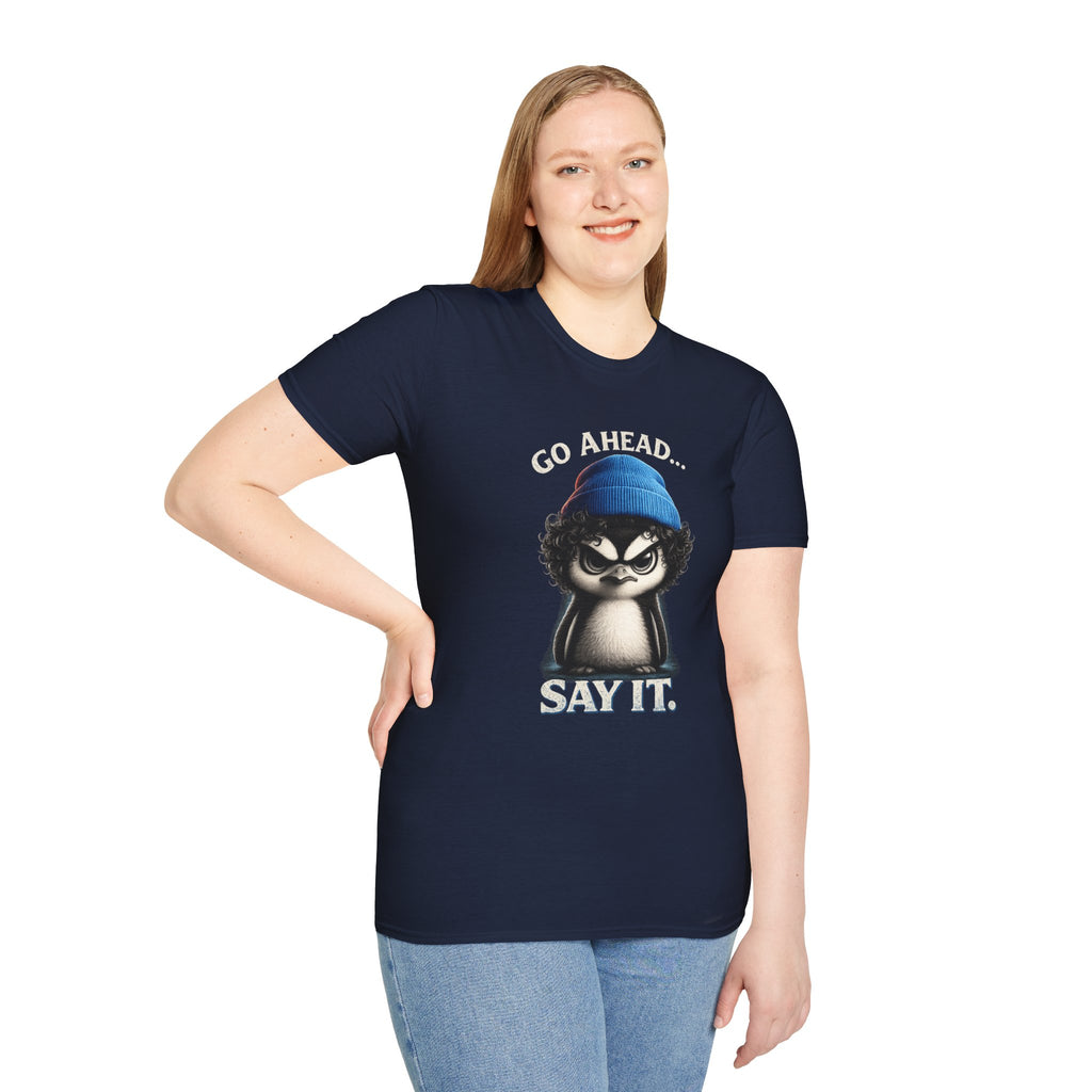 Penguin Graphic T-Shirt — "Go Ahead... Say It." Casual Statement Tee
