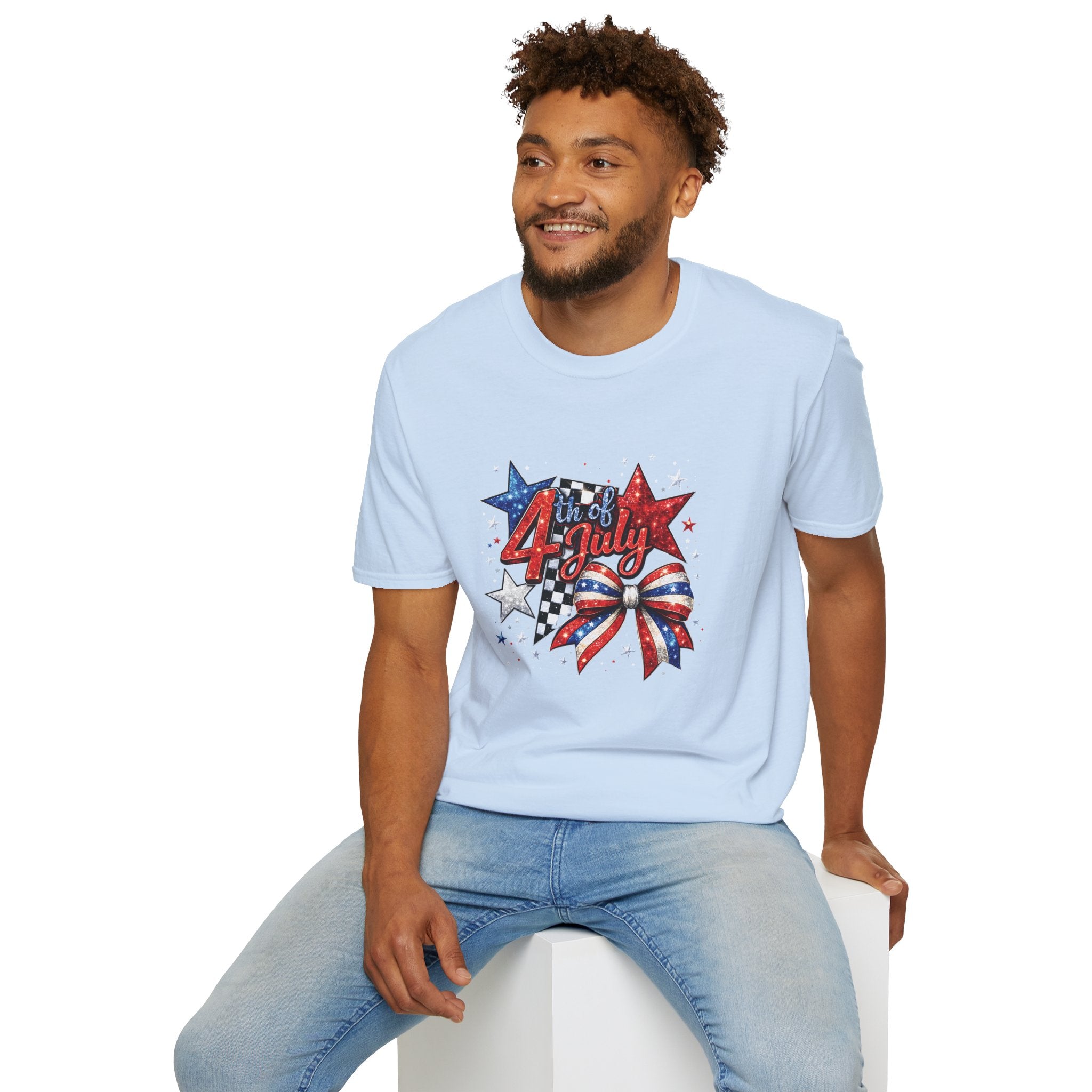 4th of July Patriotic T-Shirt – Red White Blue Stars & Bow Design