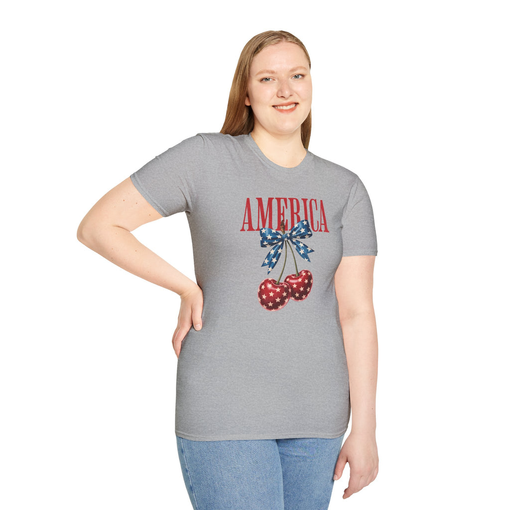 Patriotic Cherry T-Shirt — Glossy Stars & Vintage “AMERICA” Design