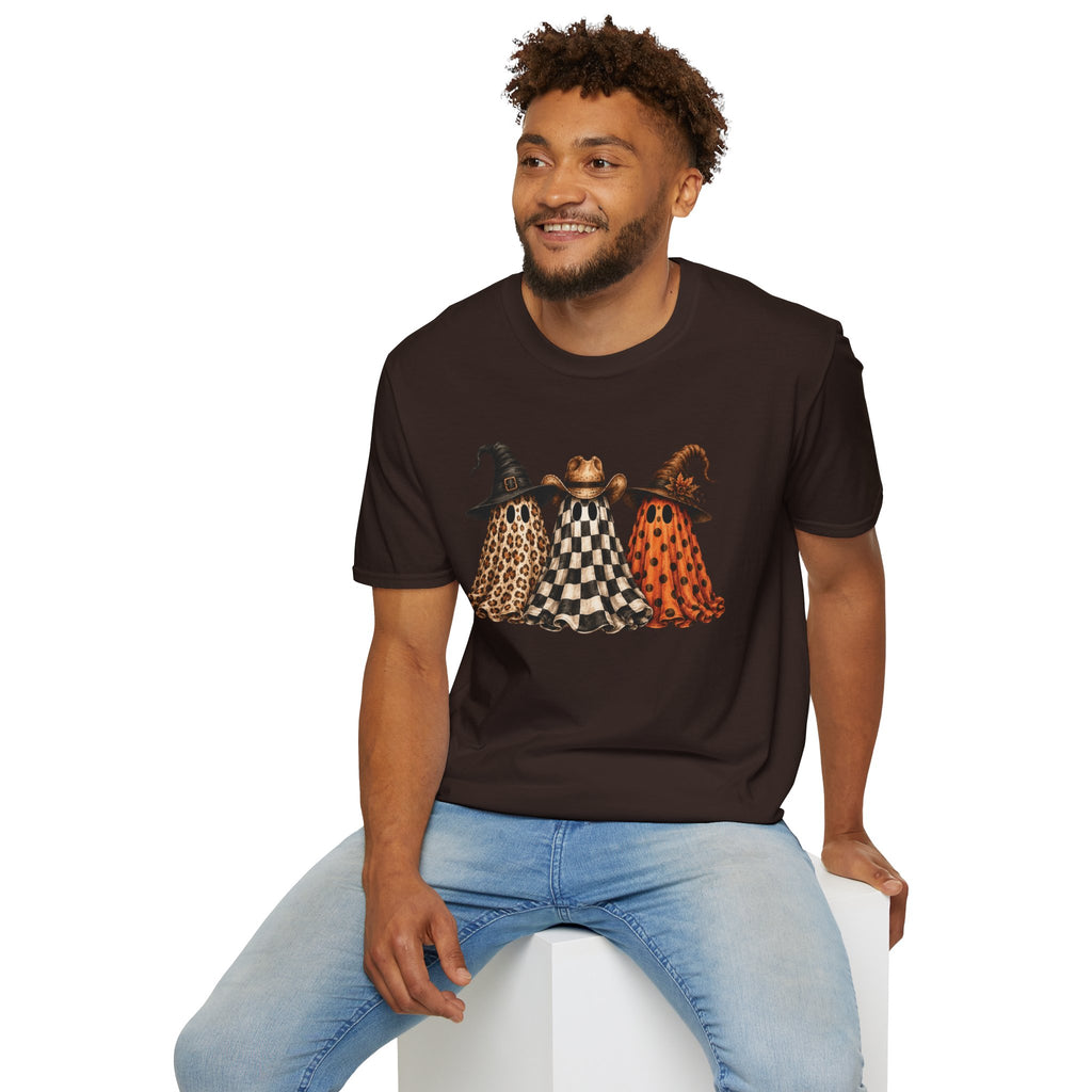 Halloween Ghost Trio T-Shirt — Leopard, Checker & Pumpkin Hat Design