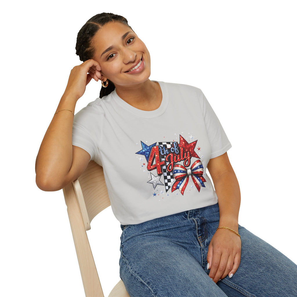 4th of July Patriotic T-Shirt – Red White Blue Stars & Bow Design