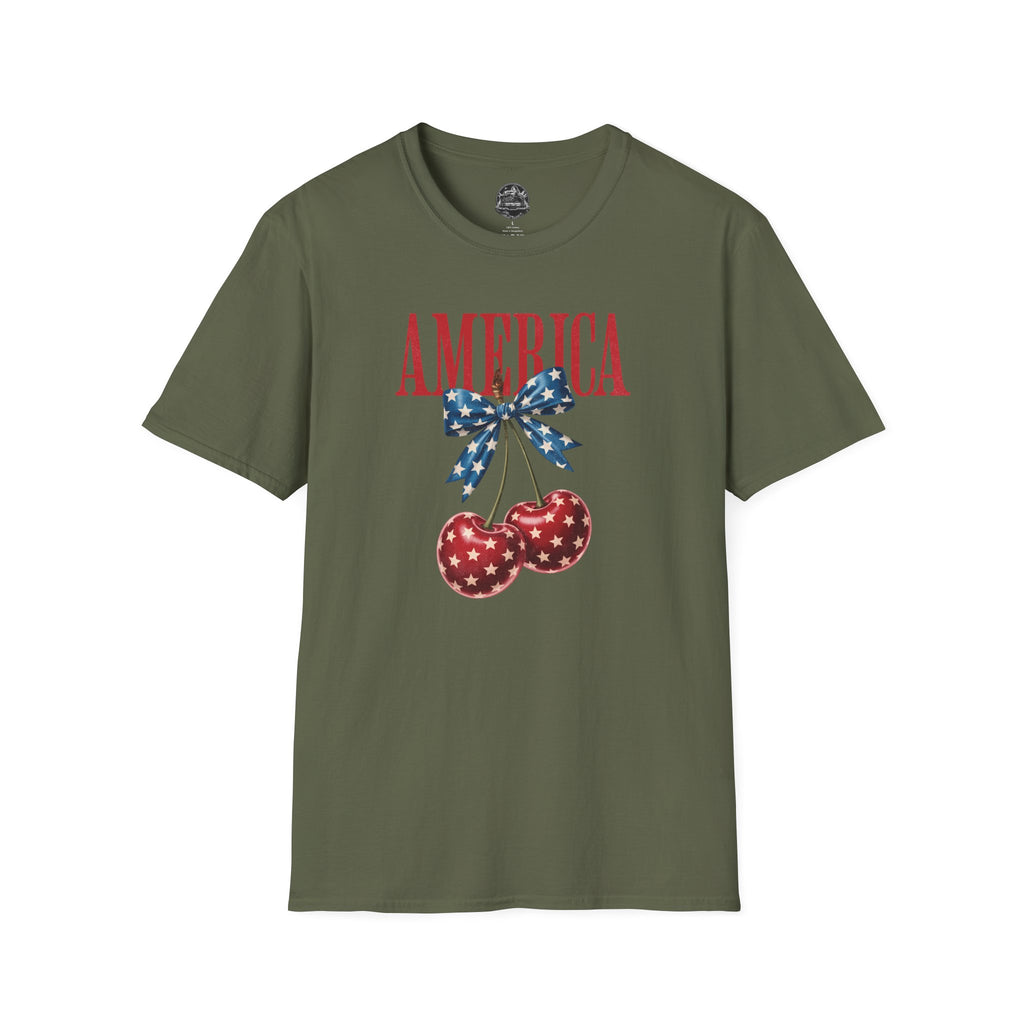 Patriotic Cherry T-Shirt — Glossy Stars & Vintage “AMERICA” Design