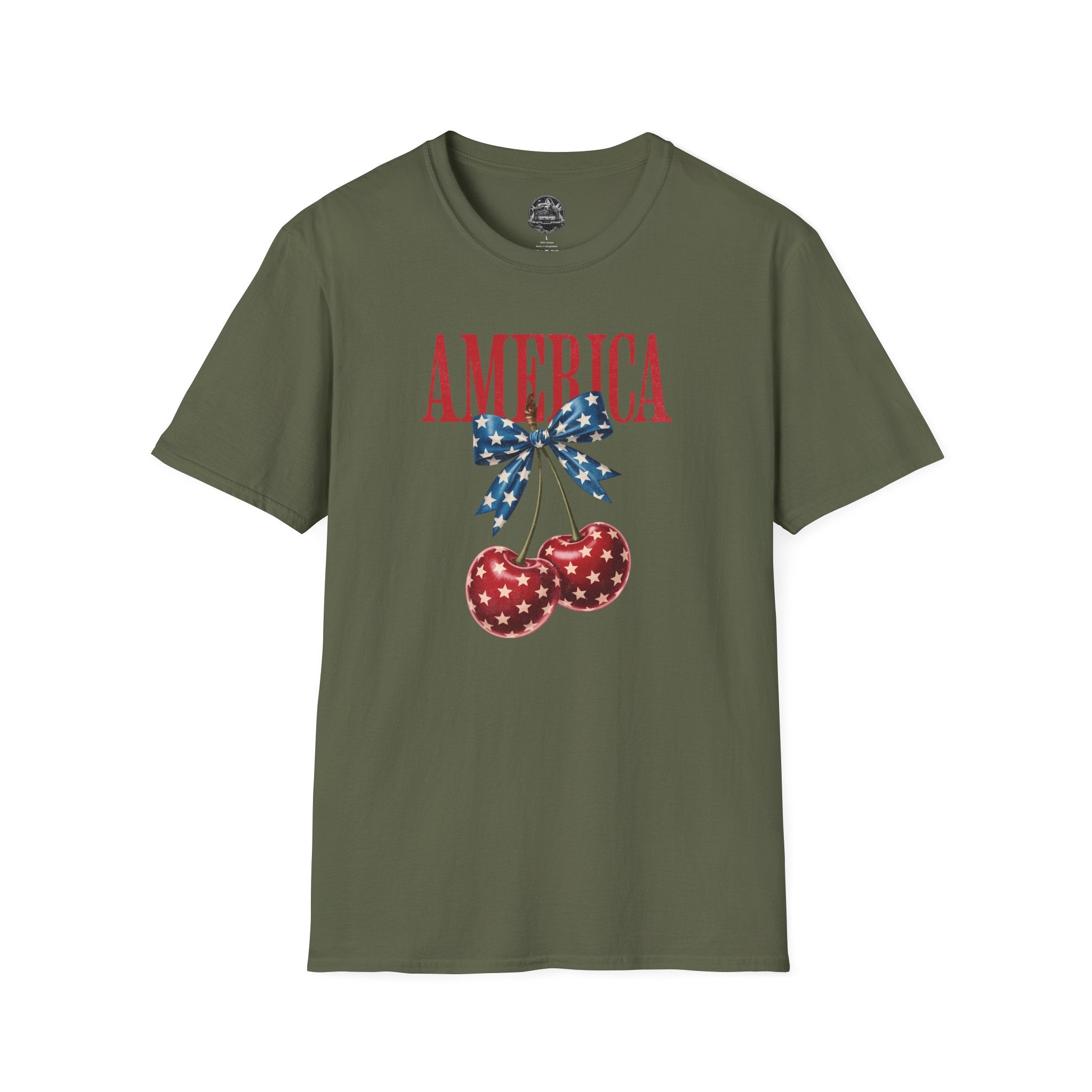 Patriotic Cherry T-Shirt — Glossy Stars & Vintage “AMERICA” Design