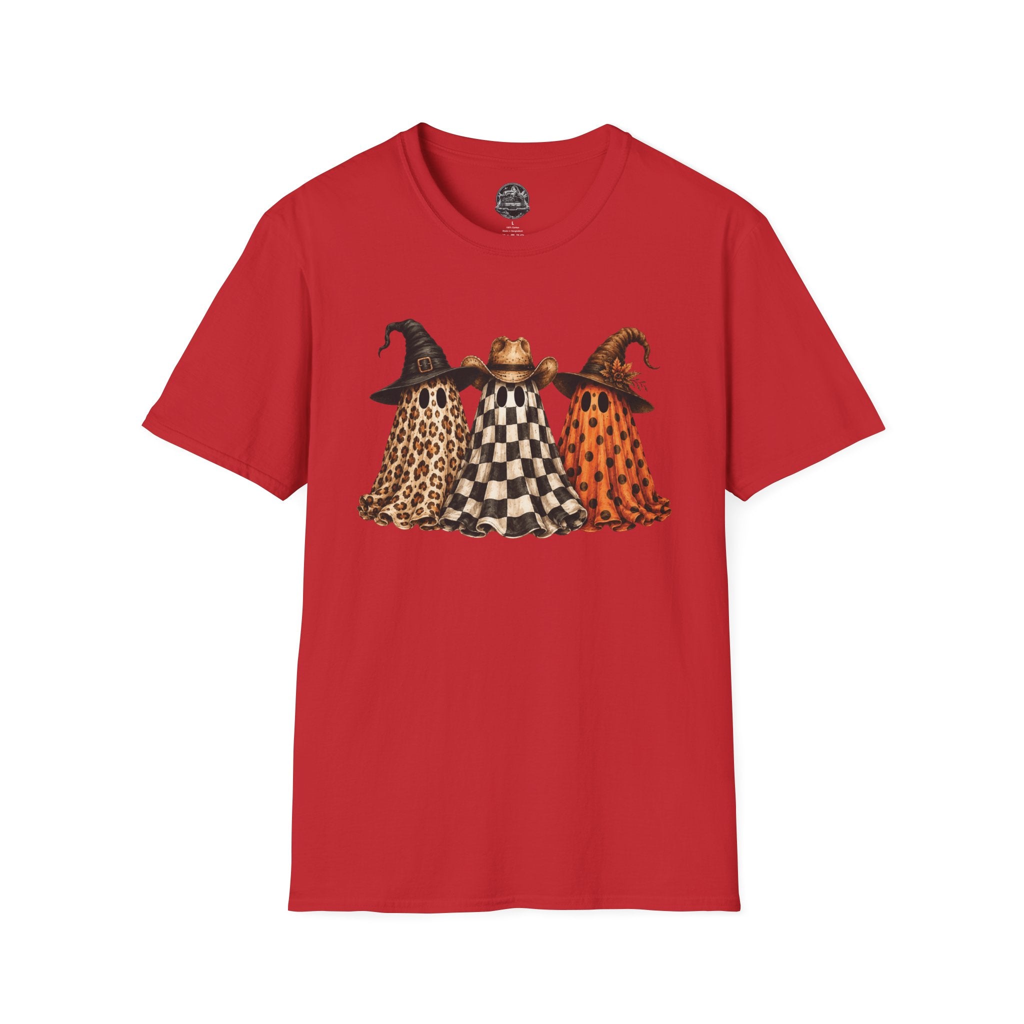 Halloween Ghost Trio T-Shirt — Leopard, Checker & Pumpkin Hat Design