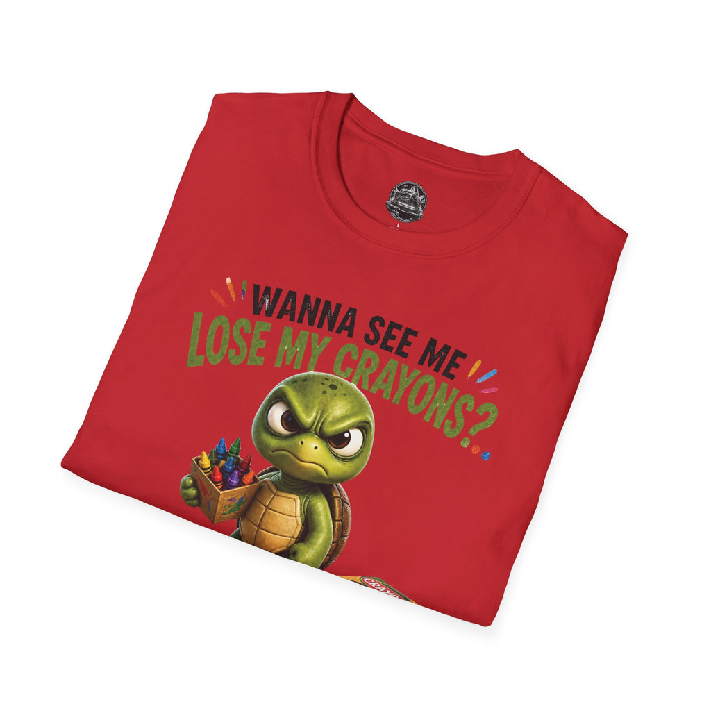 Funny Angry Turtle T-Shirt — “Wanna See Me Lose My Crayons? Do That Again…” — Teacher & Art Lover Tee