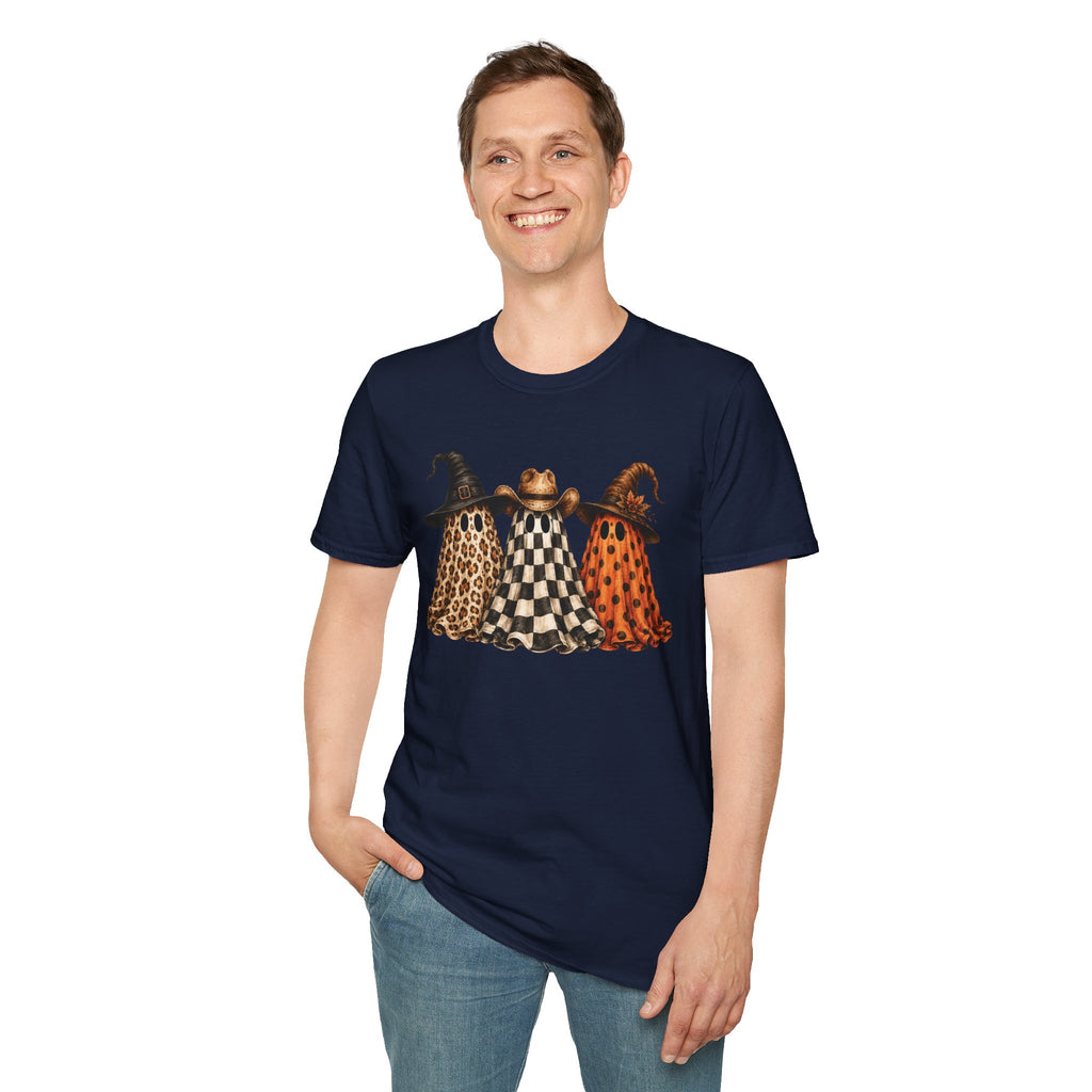 Halloween Ghost Trio T-Shirt — Leopard, Checker & Pumpkin Hat Design