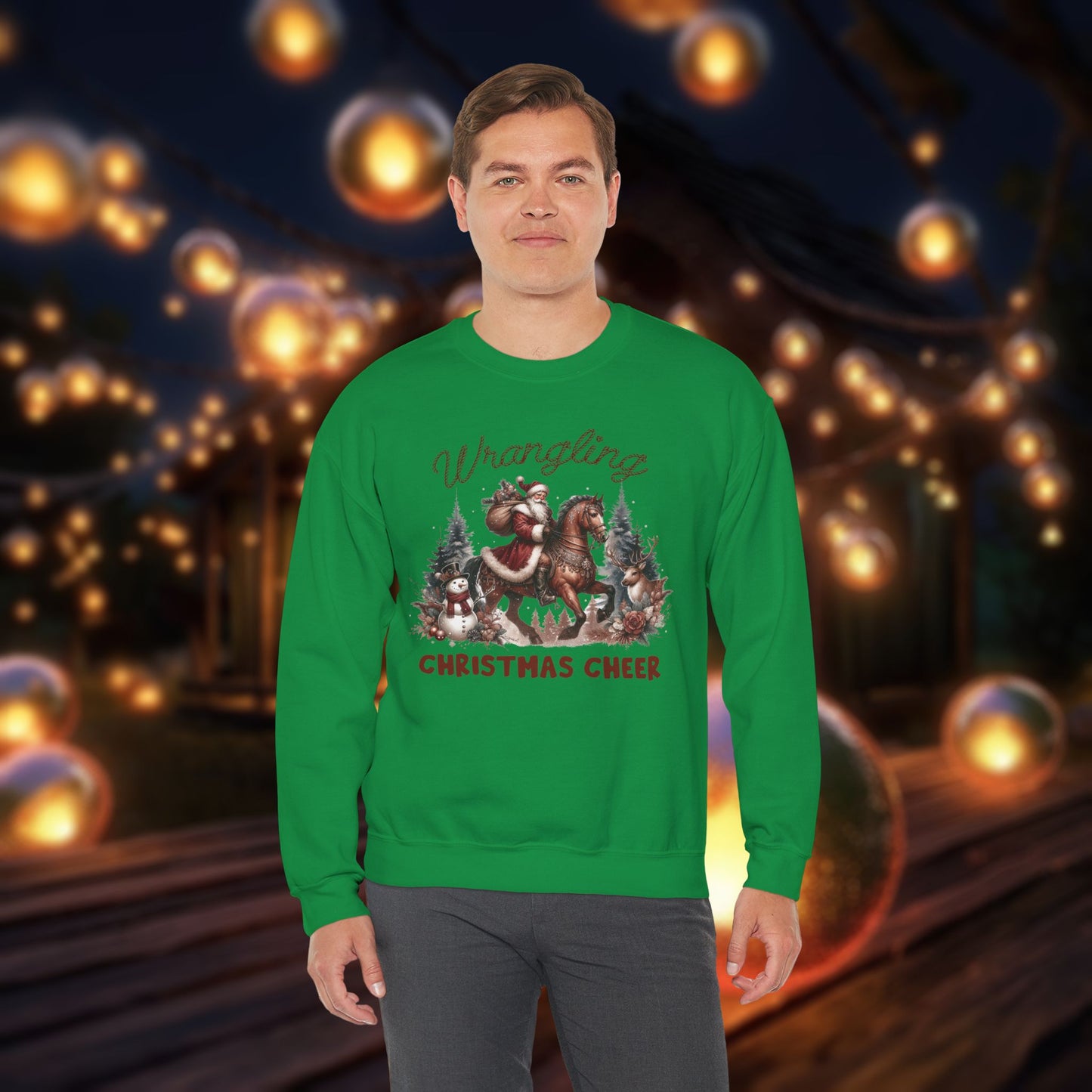 Christmas Western Sweatshirt with Santa on Horse and Snowman