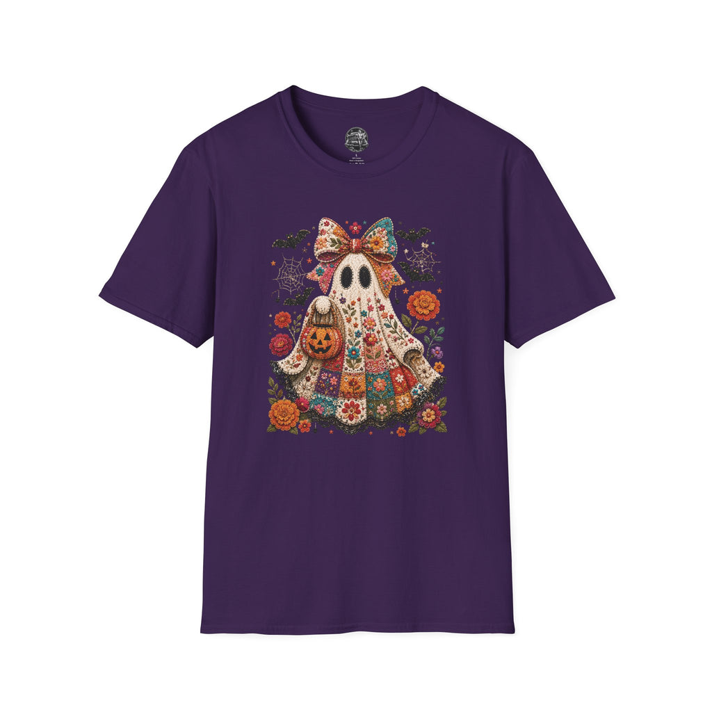 Patchwork Floral Ghost Halloween Shirt | Quilted Boho Ghost with Pumpkin and Bats