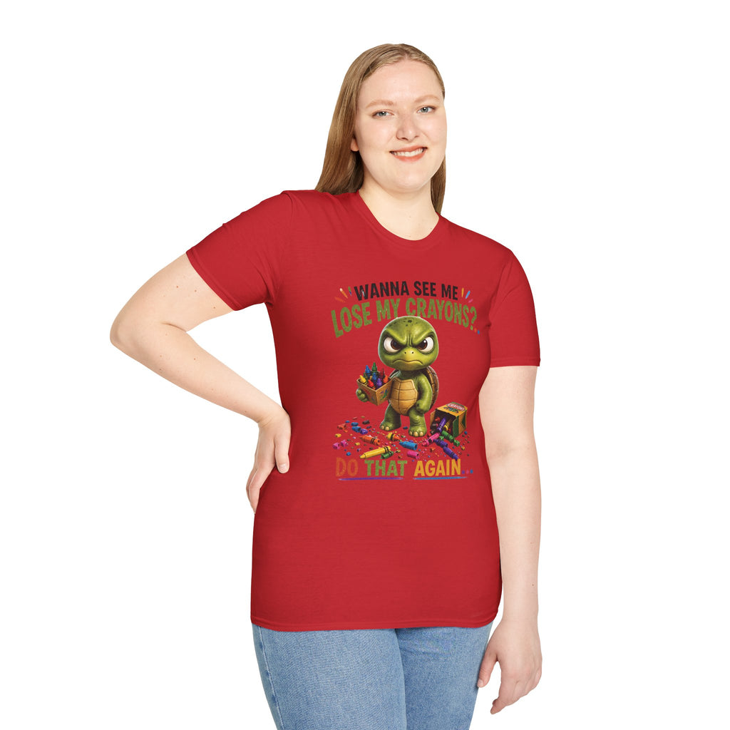Funny Angry Turtle T-Shirt — “Wanna See Me Lose My Crayons? Do That Again…” — Teacher & Art Lover Tee