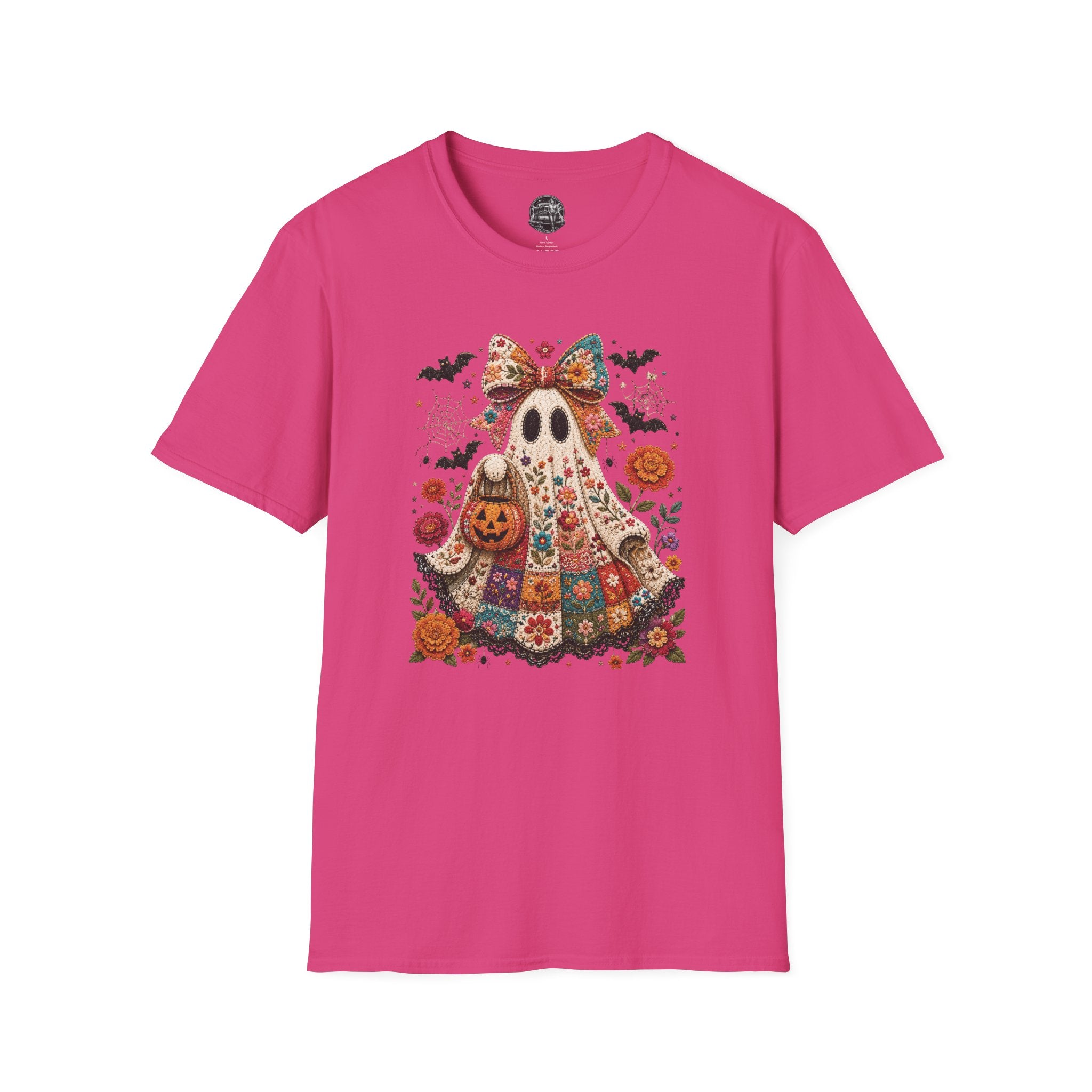 Patchwork Floral Ghost Halloween Shirt | Quilted Boho Ghost with Pumpkin and Bats