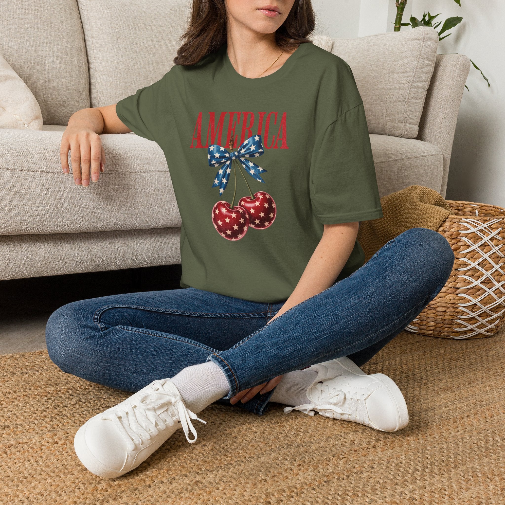 Patriotic Cherry T-Shirt — Glossy Stars & Vintage “AMERICA” Design