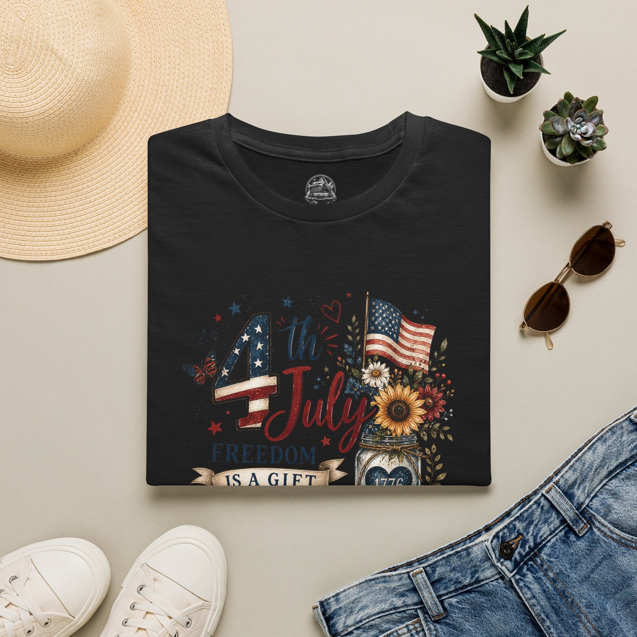 4th of July T-Shirt — "Freedom Is A Gift" Patriotic American Flag & Sunflower Tee