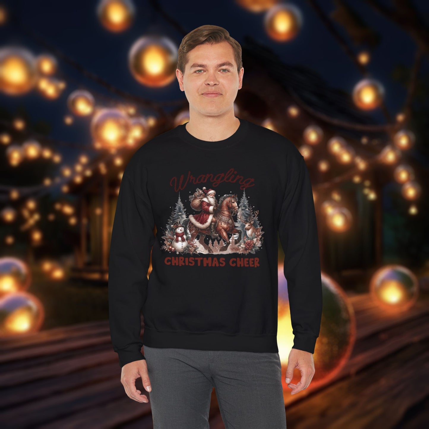 Christmas Western Sweatshirt with Santa on Horse and Snowman