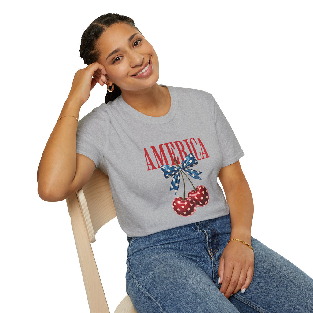 America Cherry Graphic T‑Shirt — Patriotic Stars & Stripes Bow Tee