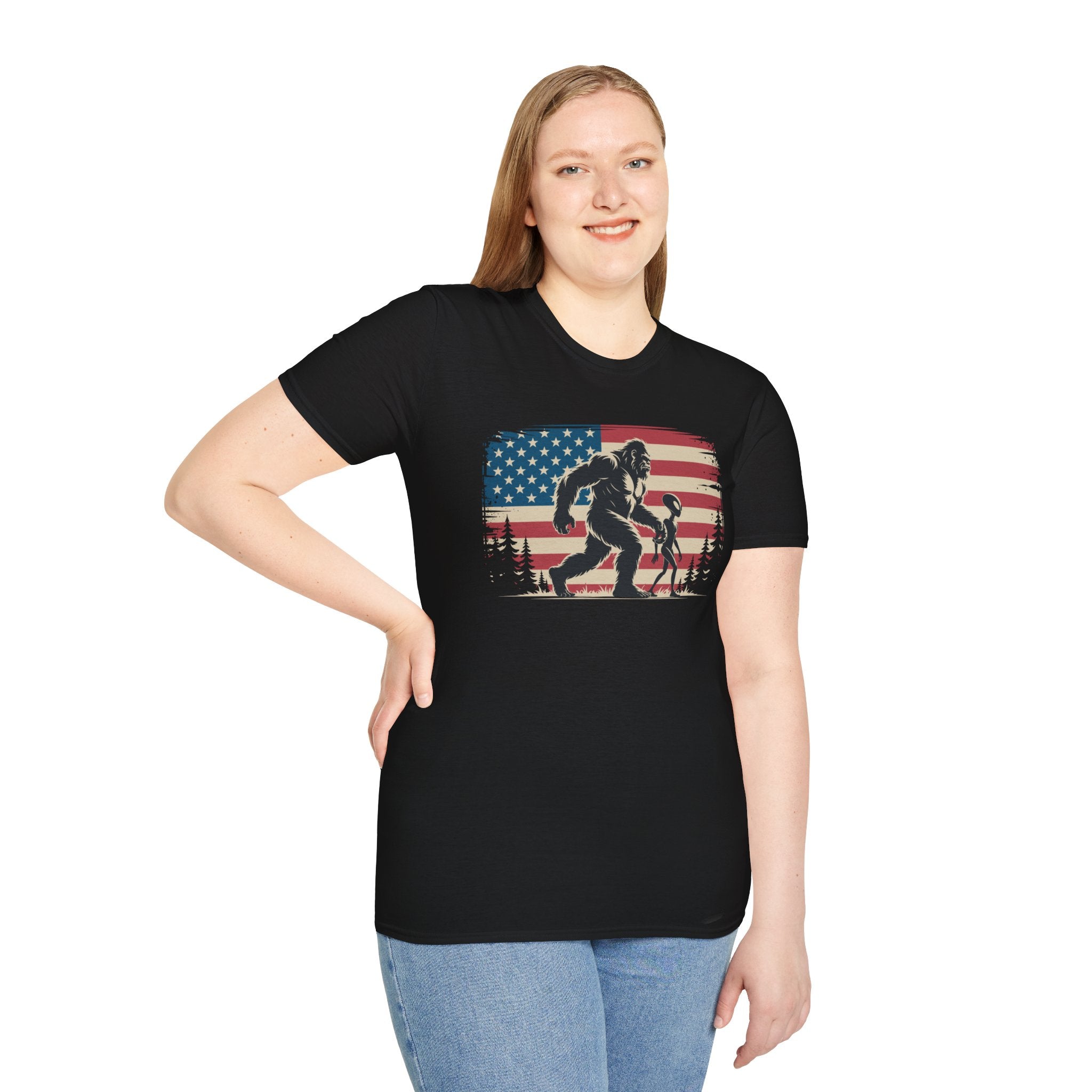 Bigfoot & Alien Patriotic T-Shirt — Distressed Flag Cryptid Design