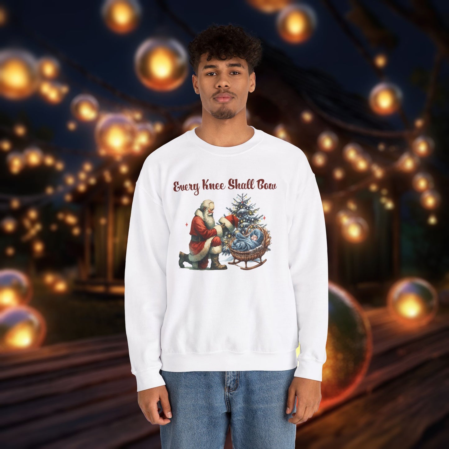 Saint Nicholas kneeling and paying homage to the Christ Child Sweatshirt - Every Knee Shall Bow