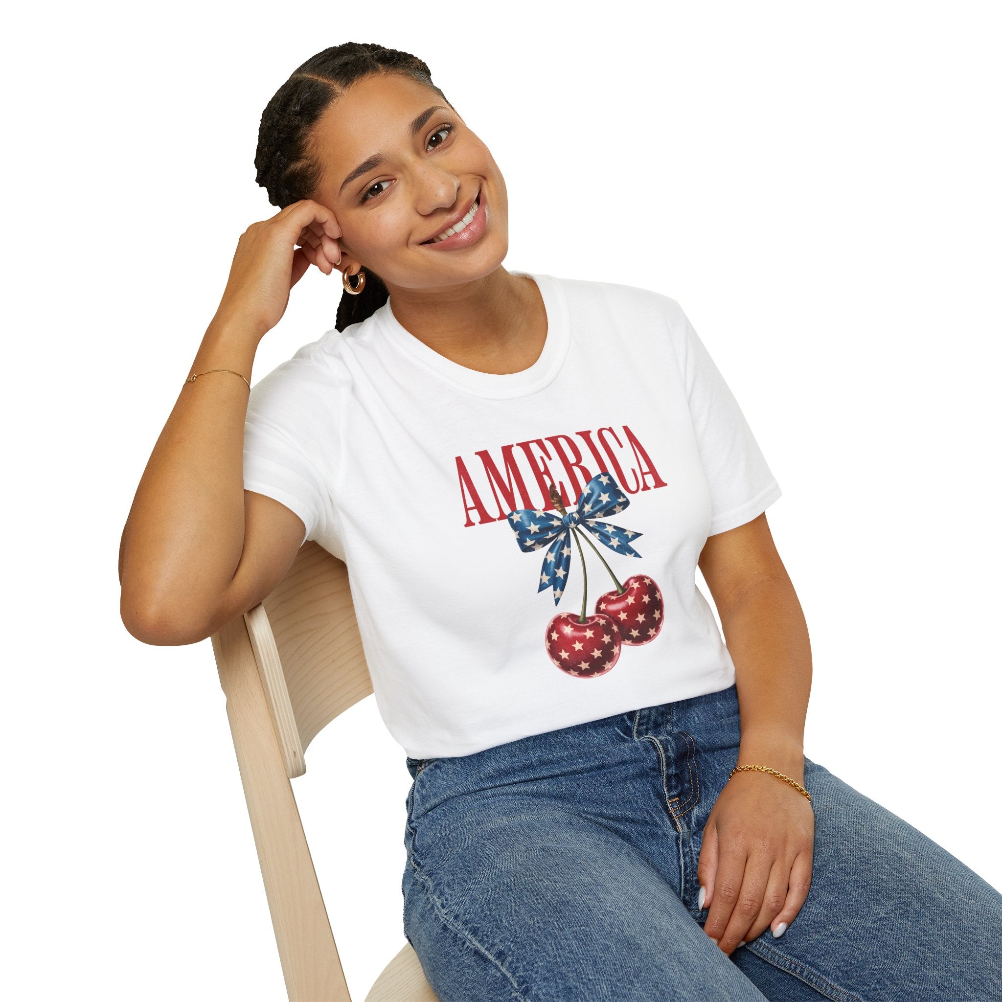 Patriotic Cherry T-Shirt — Glossy Stars & Vintage “AMERICA” Design