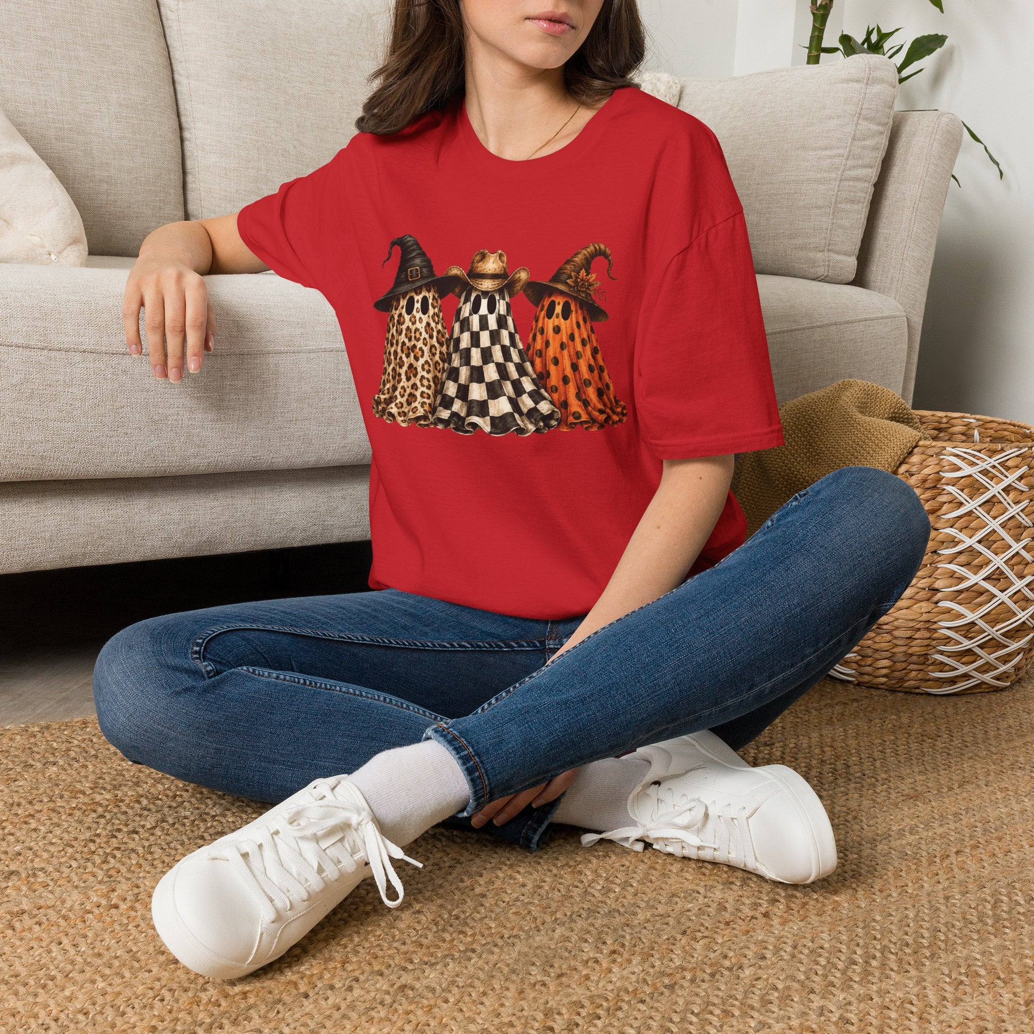 Halloween Ghost Trio T-Shirt — Leopard, Checker & Pumpkin Hat Design