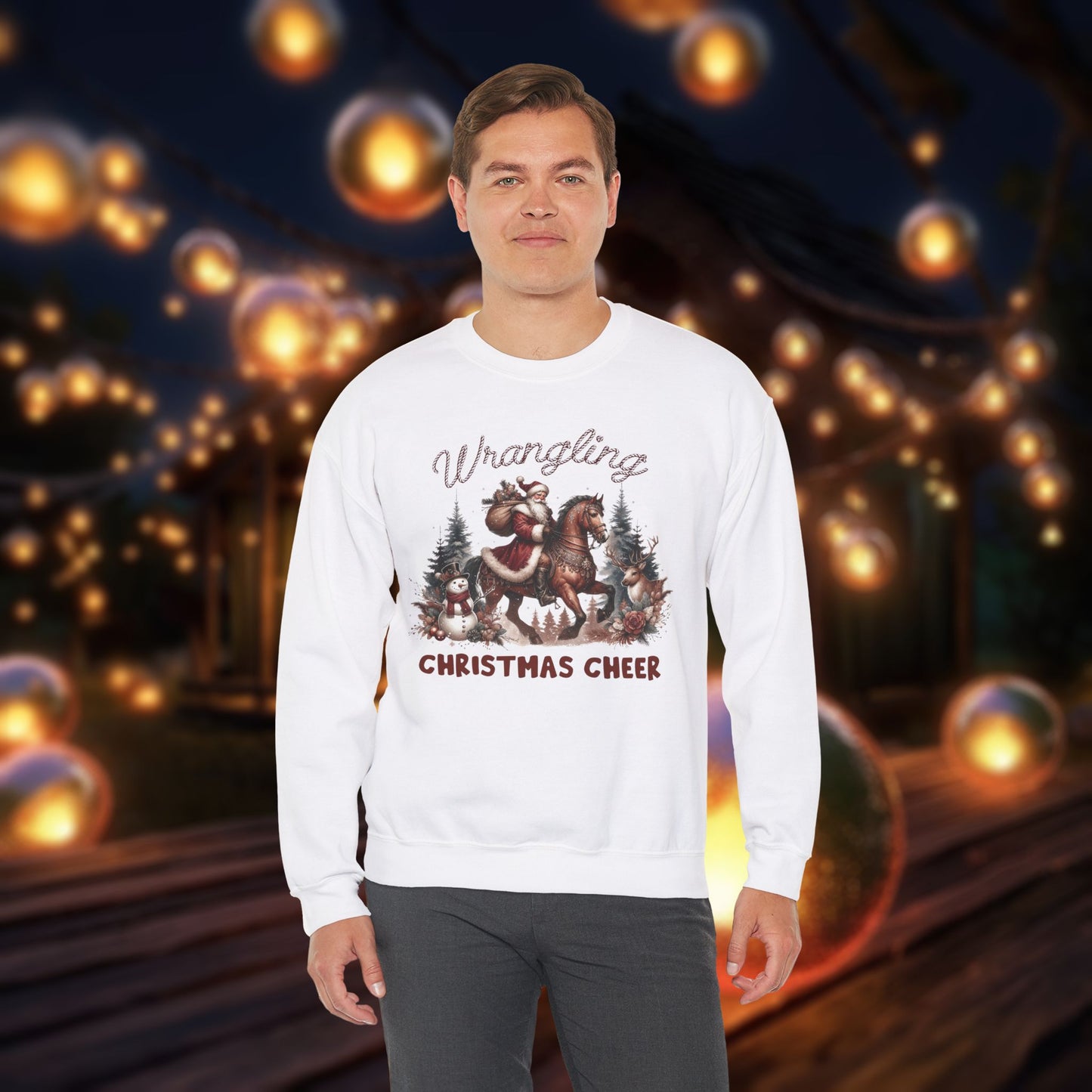 Christmas Western Sweatshirt with Santa on Horse and Snowman