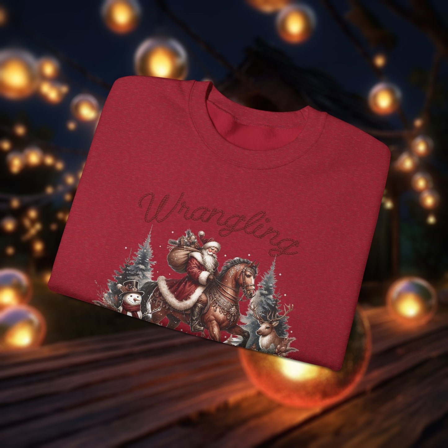 Christmas Western Sweatshirt with Santa on Horse and Snowman